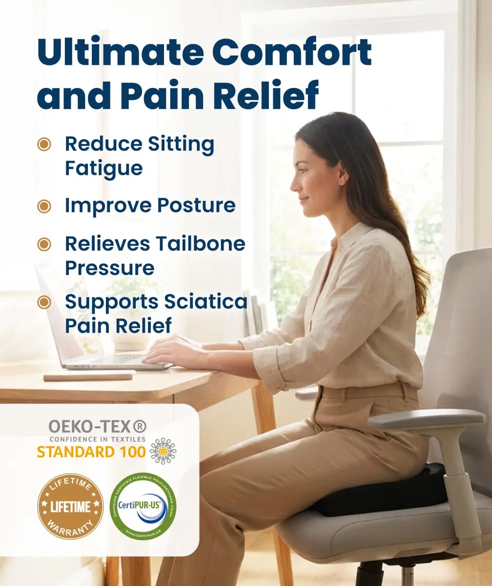 Everlasting Comfort Doctor Recommended Memory Foam Seat Cushion Large | Ergonomic Support for Tailbone Pain Relief - view 2