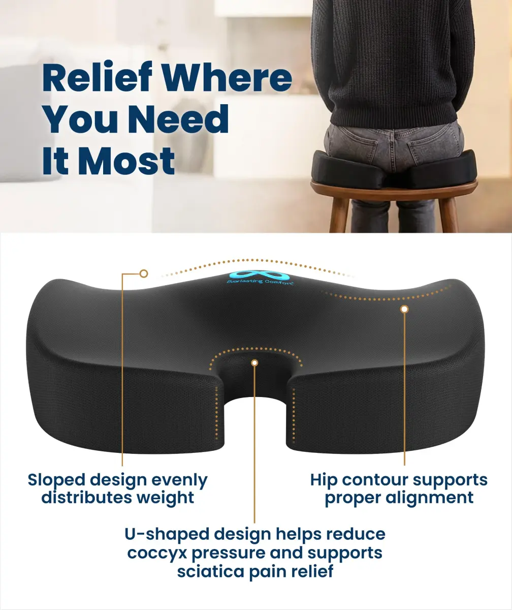 Everlasting Comfort Doctor Recommended Memory Foam Seat Cushion Large | Ergonomic Support for Tailbone Pain Relief - view 3