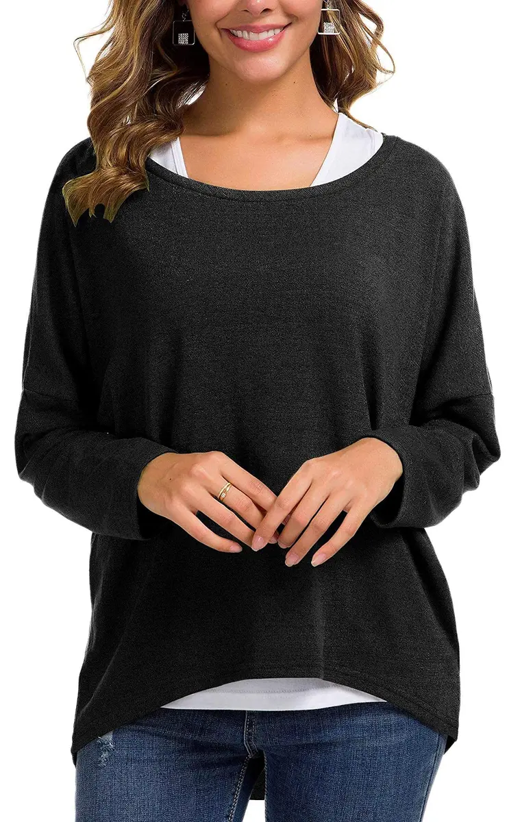 UGET Women's Oversized Baggy Tops Off Shoulder Loose Fitting Pullover Casual Blouse T-Shirt Sweater Long Batwing Sleeve Large Black | Casual oversized sweater for women - main product image