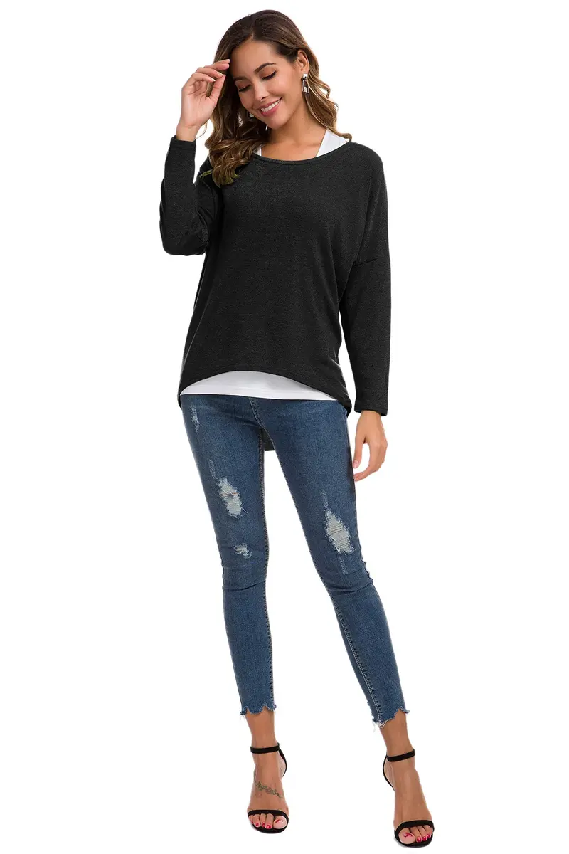 UGET Women's Oversized Baggy Tops Off Shoulder Loose Fitting Pullover Casual Blouse T-Shirt Sweater Long Batwing Sleeve Large Black | Casual oversized sweater for women - view 5