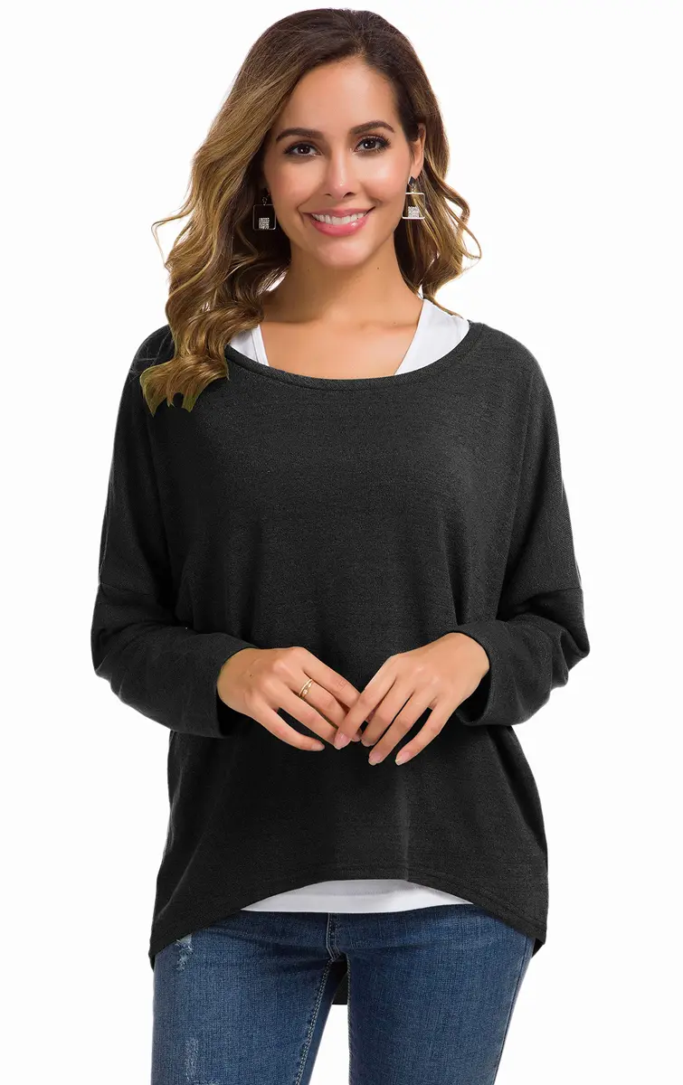 UGET Women's Oversized Baggy Tops Off Shoulder Loose Fitting Pullover Casual Blouse T-Shirt Sweater Long Batwing Sleeve Large Black | Casual oversized sweater for women - view 2