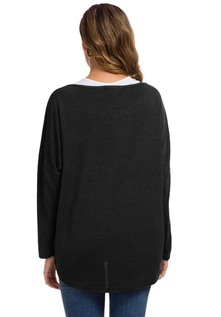 UGET Women's Oversized Baggy Tops Off Shoulder Loose Fitting Pullover Casual Blouse T-Shirt Sweater Long Batwing Sleeve Large Black | Casual oversized sweater for women - view 3