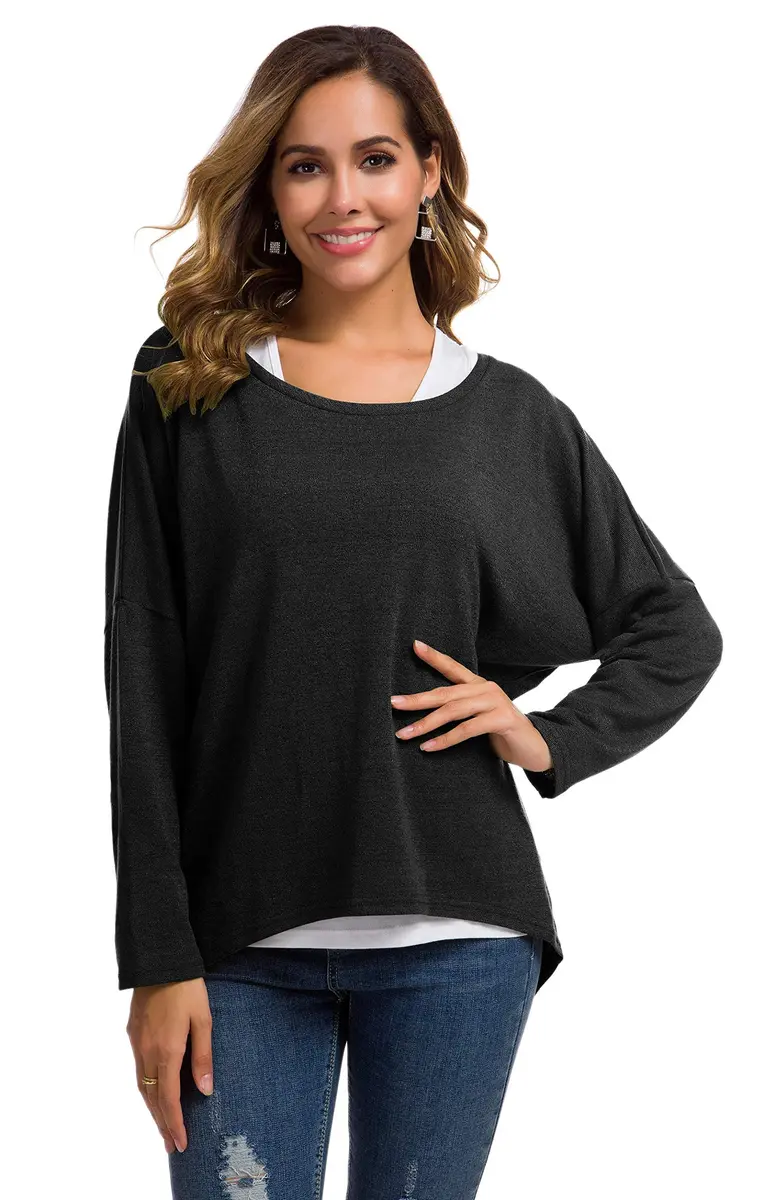 UGET Women's Oversized Baggy Tops Off Shoulder Loose Fitting Pullover Casual Blouse T-Shirt Sweater Long Batwing Sleeve Large Black | Casual oversized sweater for women - view 4