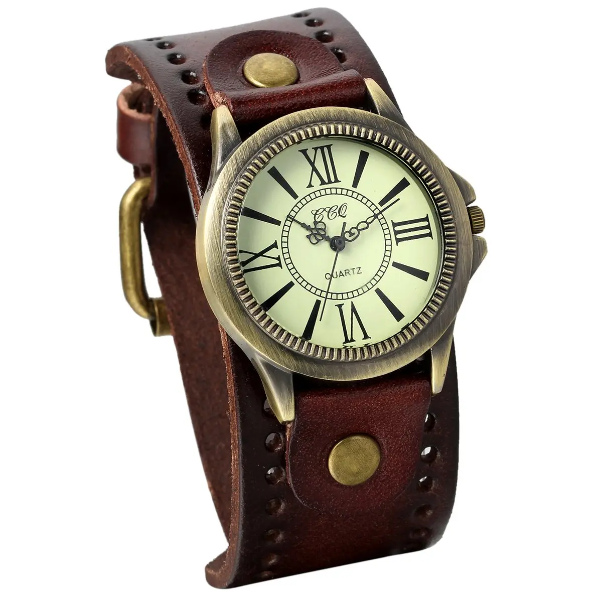 JewelryWe Vintage Leather Cuff Watch Punk Analog Quartz Wristwatch | Retro Style, Adjustable Fit, Water-Resistant - main product image
