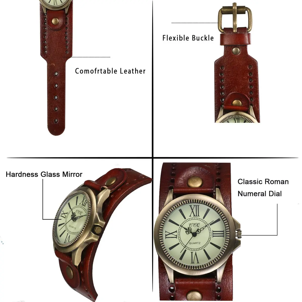 JewelryWe Vintage Leather Cuff Watch Punk Analog Quartz Wristwatch | Retro Style, Adjustable Fit, Water-Resistant - view 5