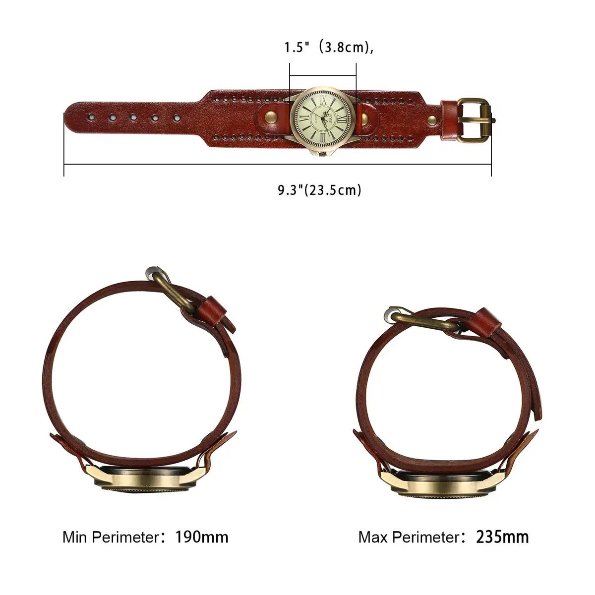 JewelryWe Vintage Leather Cuff Watch Punk Analog Quartz Wristwatch | Retro Style, Adjustable Fit, Water-Resistant - view 6