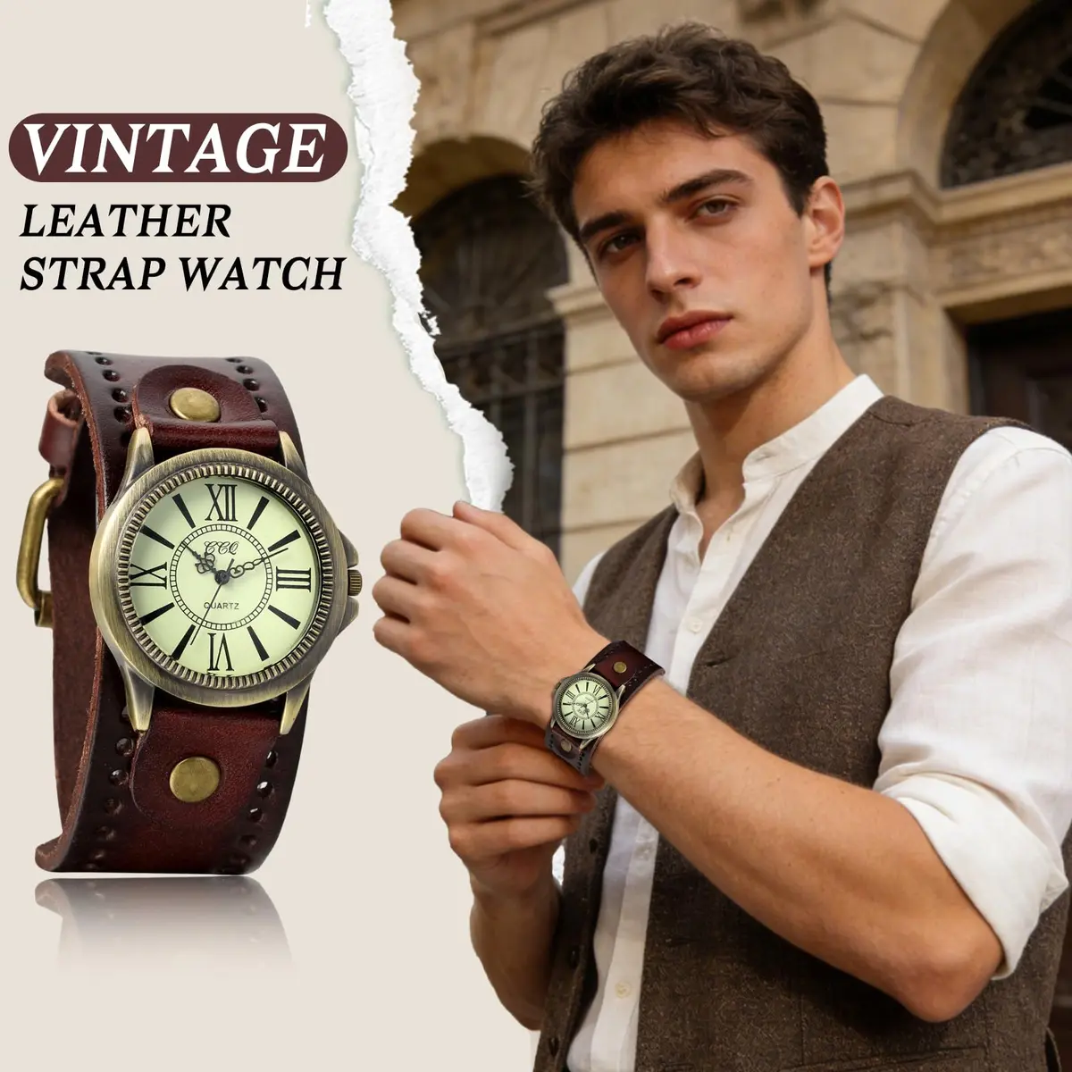 JewelryWe Vintage Leather Cuff Watch Punk Analog Quartz Wristwatch | Retro Style, Adjustable Fit, Water-Resistant - view 7