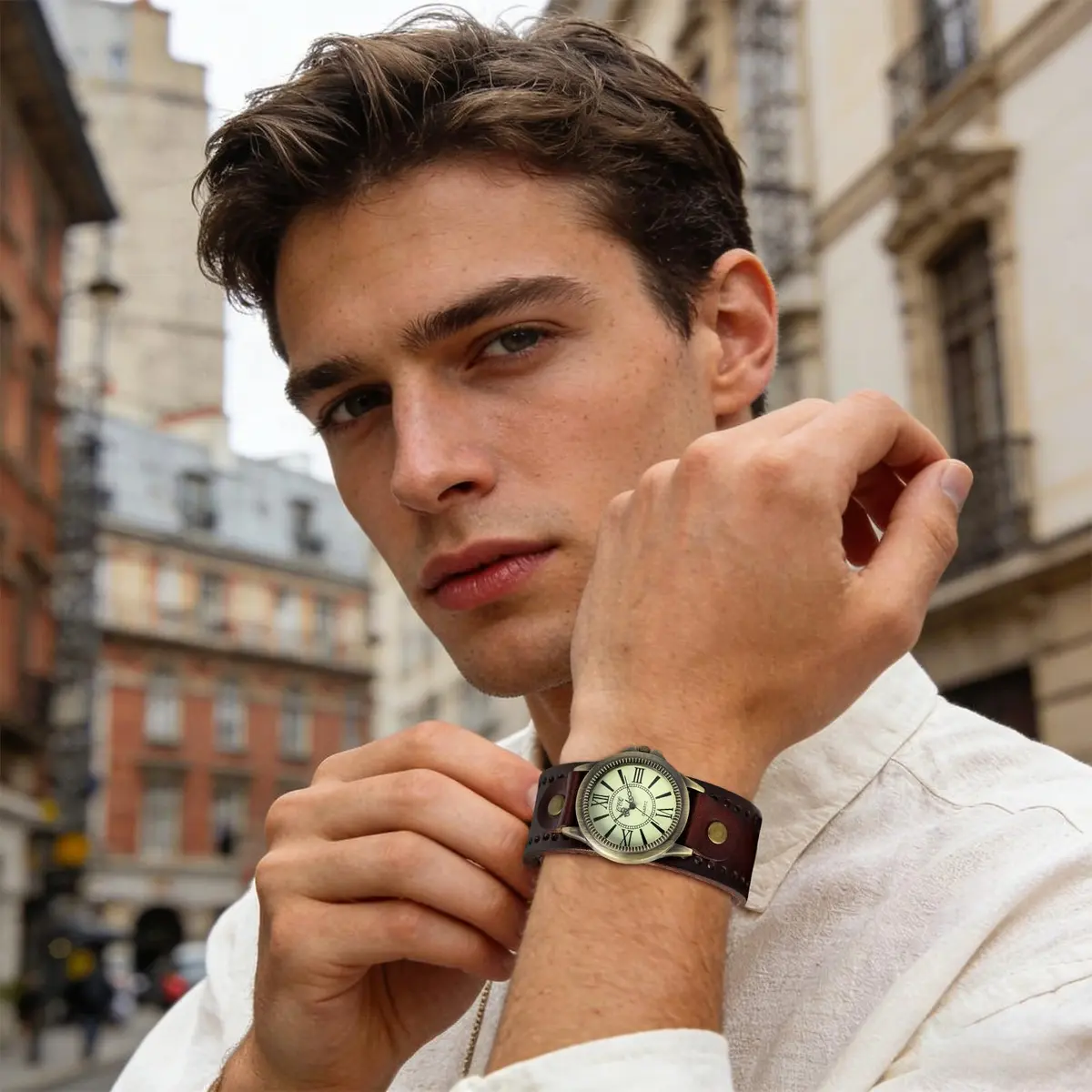 JewelryWe Vintage Leather Cuff Watch Punk Analog Quartz Wristwatch | Retro Style, Adjustable Fit, Water-Resistant - view 3