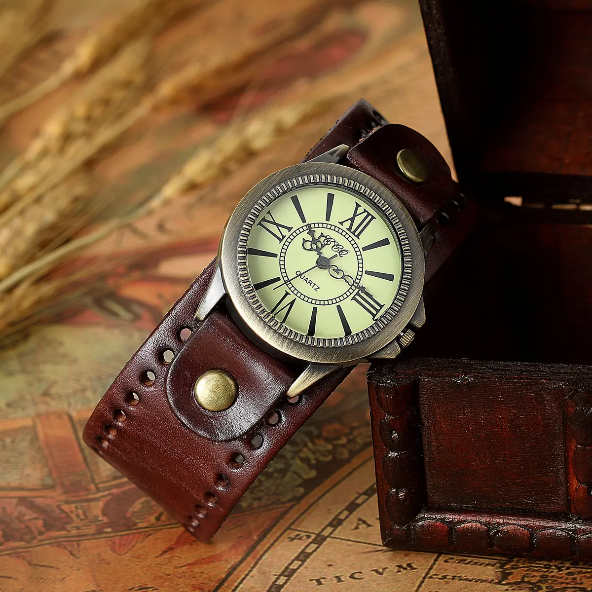 JewelryWe Vintage Leather Cuff Watch Punk Analog Quartz Wristwatch | Retro Style, Adjustable Fit, Water-Resistant - view 4