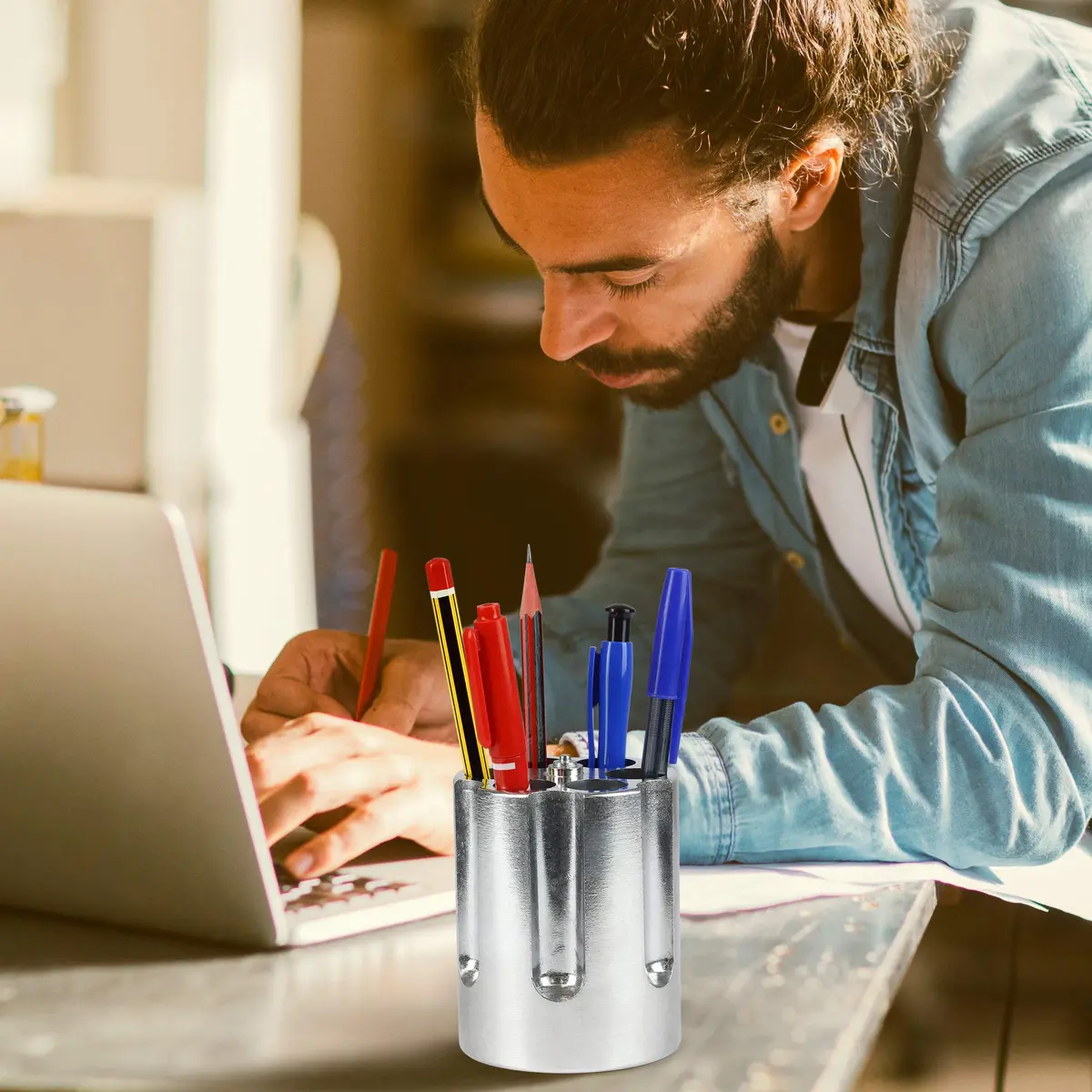 Barbuzzo Revolver Pen Holder & Paper Weight | Unique Cast Aluminum Desk Accessory for Men, Gun Decor, Vintage Office Gift - view 3