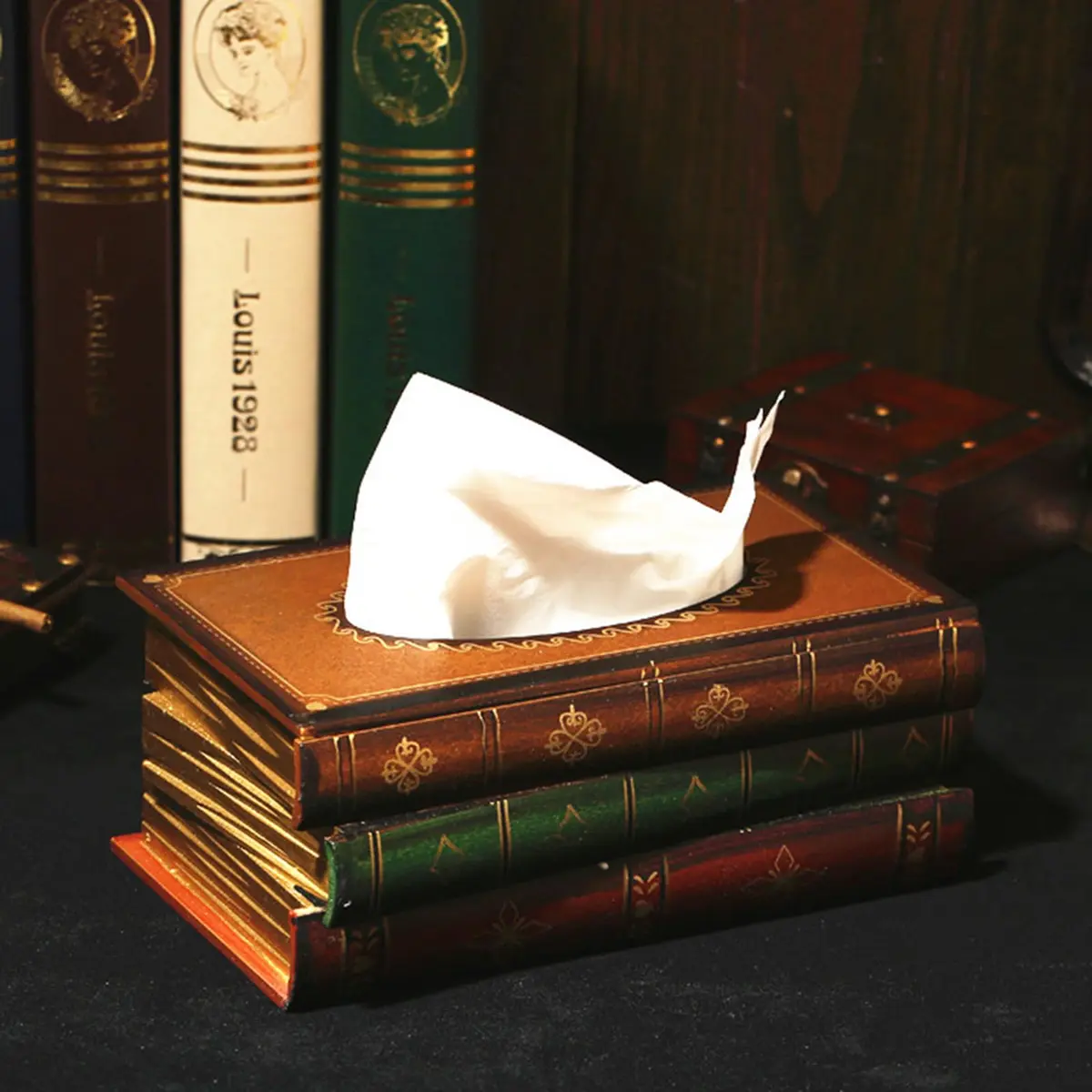 Tosnail Wooden Antique Book Tissue Holder Dispenser 10.75 x 6.5 x 4 Inches | Elegant Handmade Decor - view 3