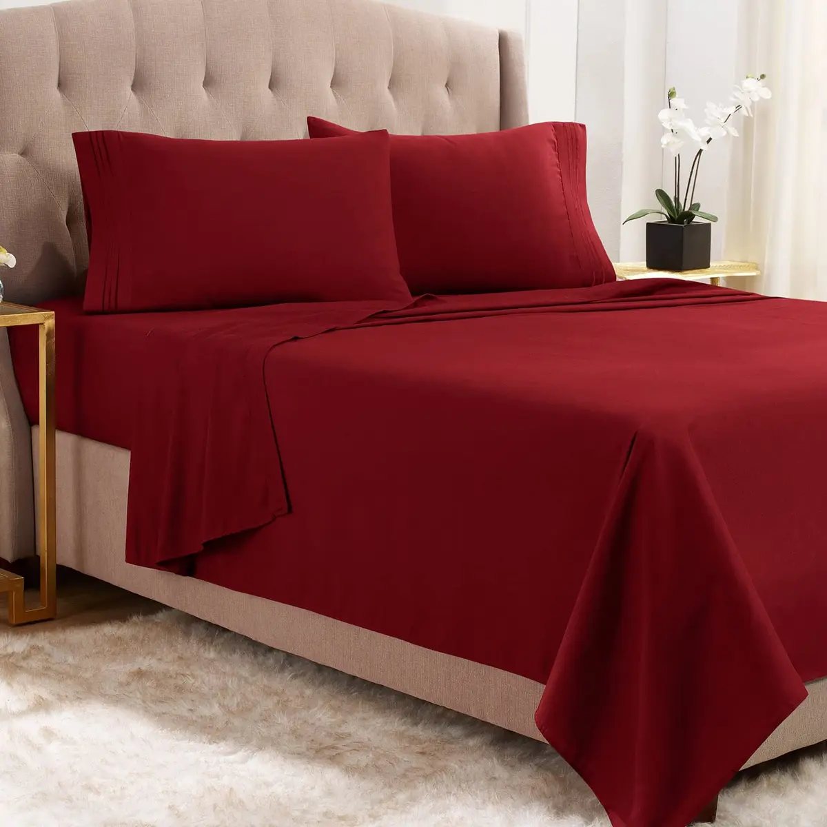 Empyrean Bedding Queen Sheets - Double Brushed Microfiber, Burgundy Red, 4 PC Set, with Corner Straps | Hotel Luxury Feel - main product image