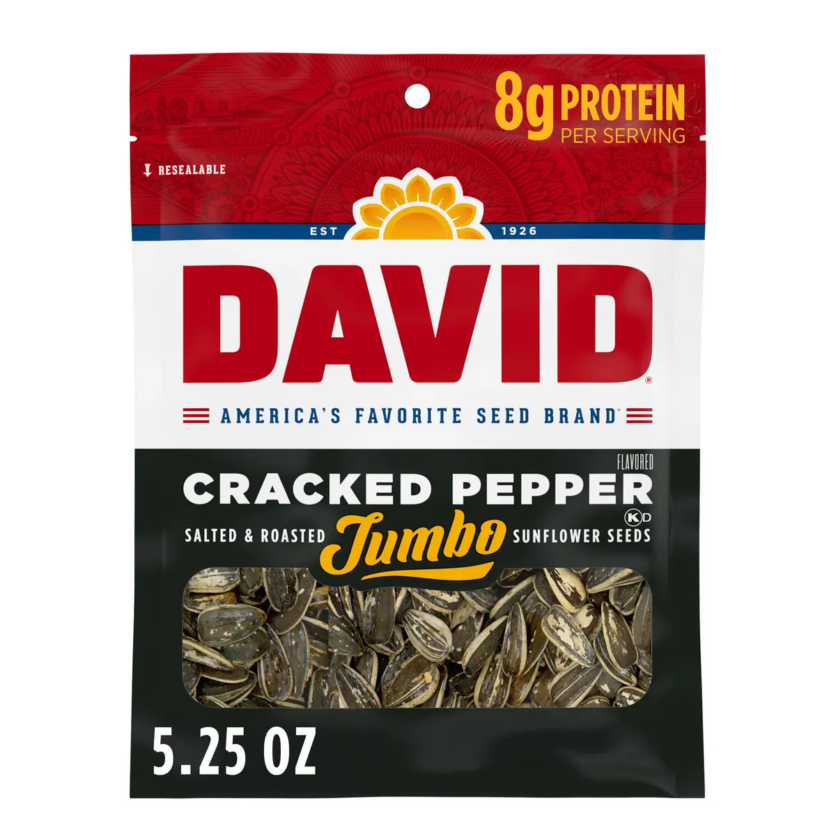 David Jumbo Sunflower Seeds Cracked Pepper Flavor 5.25 oz | Crunchy, Salted & Roasted - main product image