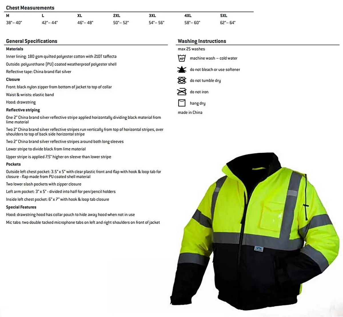 Pyramex Safety RJ3210M Safety Bomber Jacket with Quilted Lining, Hi-Vis Lime, Medium | Class 3/Level 2 Hi-Vis Safety Wear - view 5