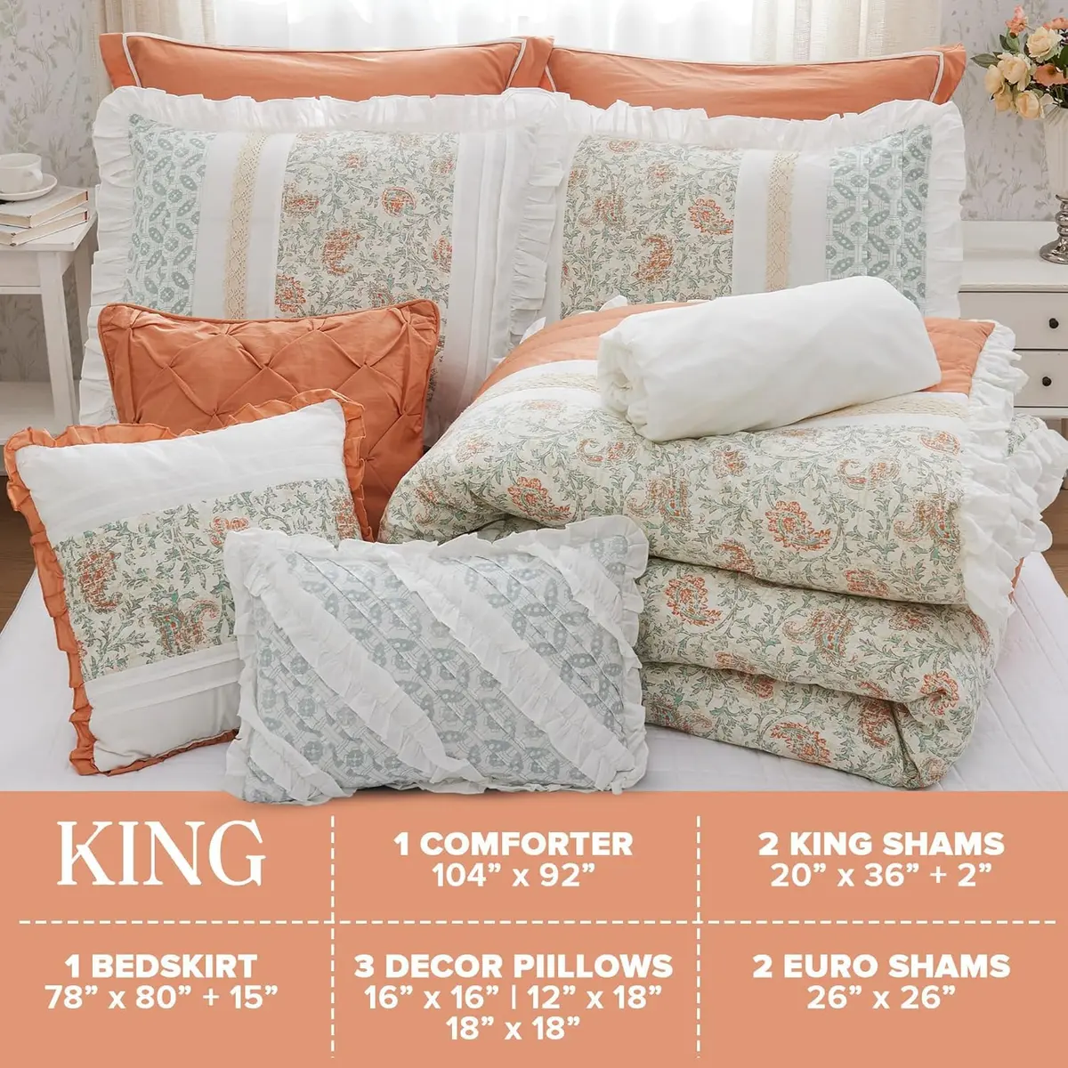 Madison Park Cottage Cotton Comforter Set, 9PC King Bedding Set | Shabby Chic Paisley Design - view 5
