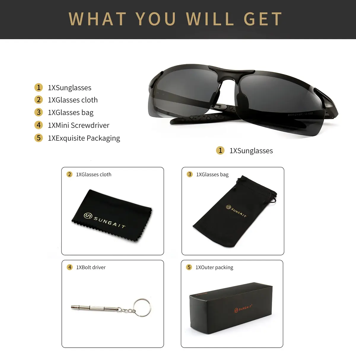 SUNGAIT Men's HD Polarized Sunglasses for Driving Cycling Running UV400 (Black, Gray) | Lightweight Metal Frame, 100% UV Protection - view 7