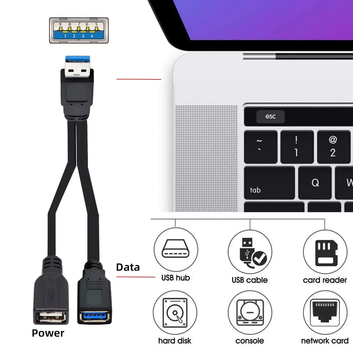 cablecc Dual USB-A 3.0 Female to Male Y Cable 20cm (0.65ft) | Extra Power & Data for External Drives - view 2
