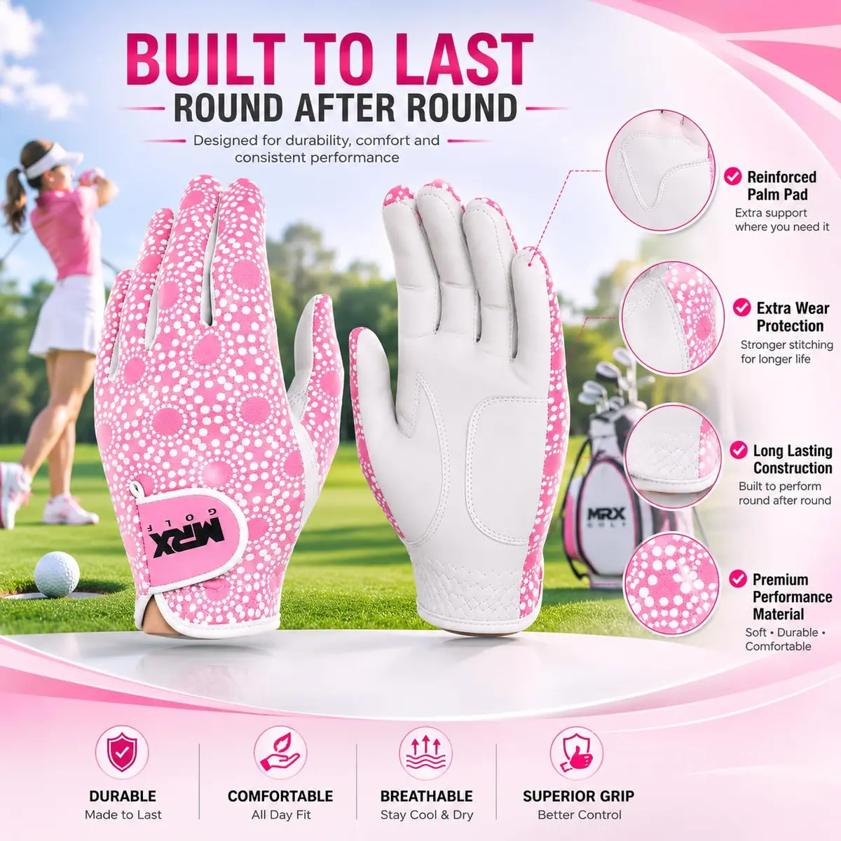MRX BOXING & FITNESS Women's Golf Glove Left Handed Pink Regular Fit | Sweat Resistant Cabretta Leather - view 5