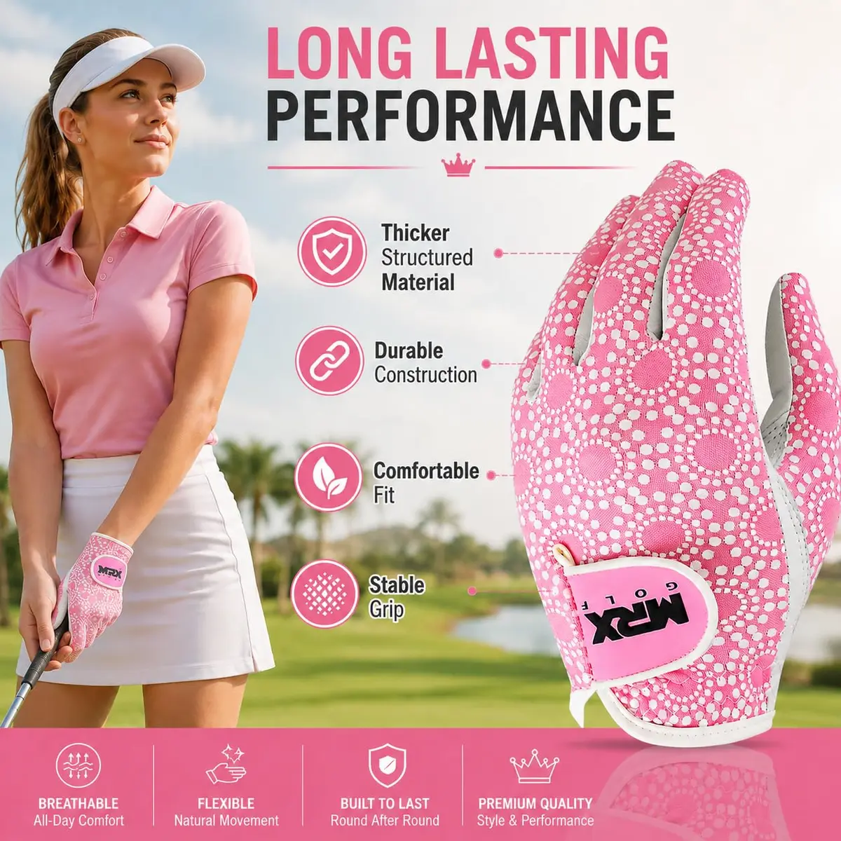 MRX BOXING & FITNESS Women's Golf Glove Left Handed Pink Regular Fit | Sweat Resistant Cabretta Leather - view 7