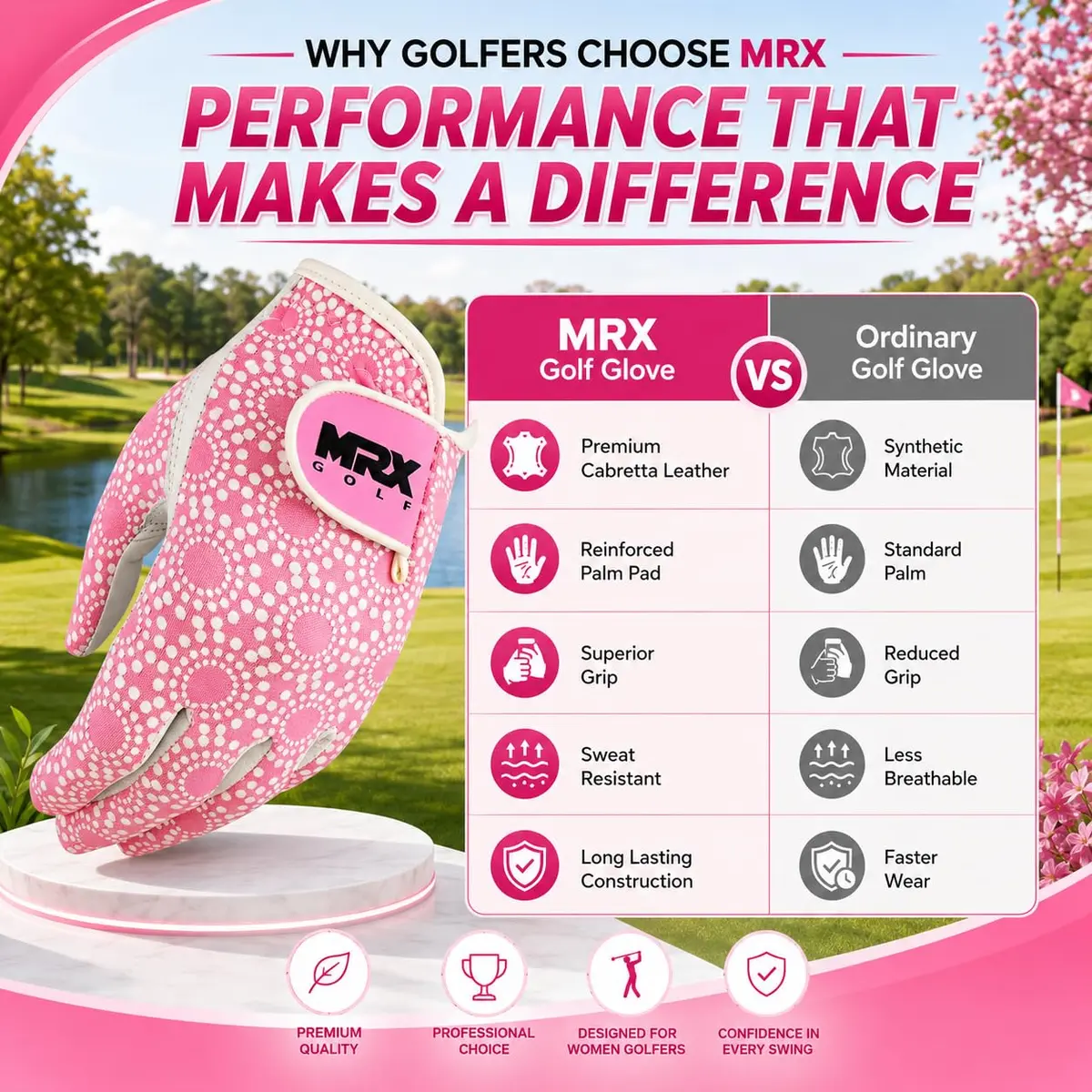 MRX BOXING & FITNESS Women's Golf Glove Left Handed Pink Regular Fit | Sweat Resistant Cabretta Leather - view 9