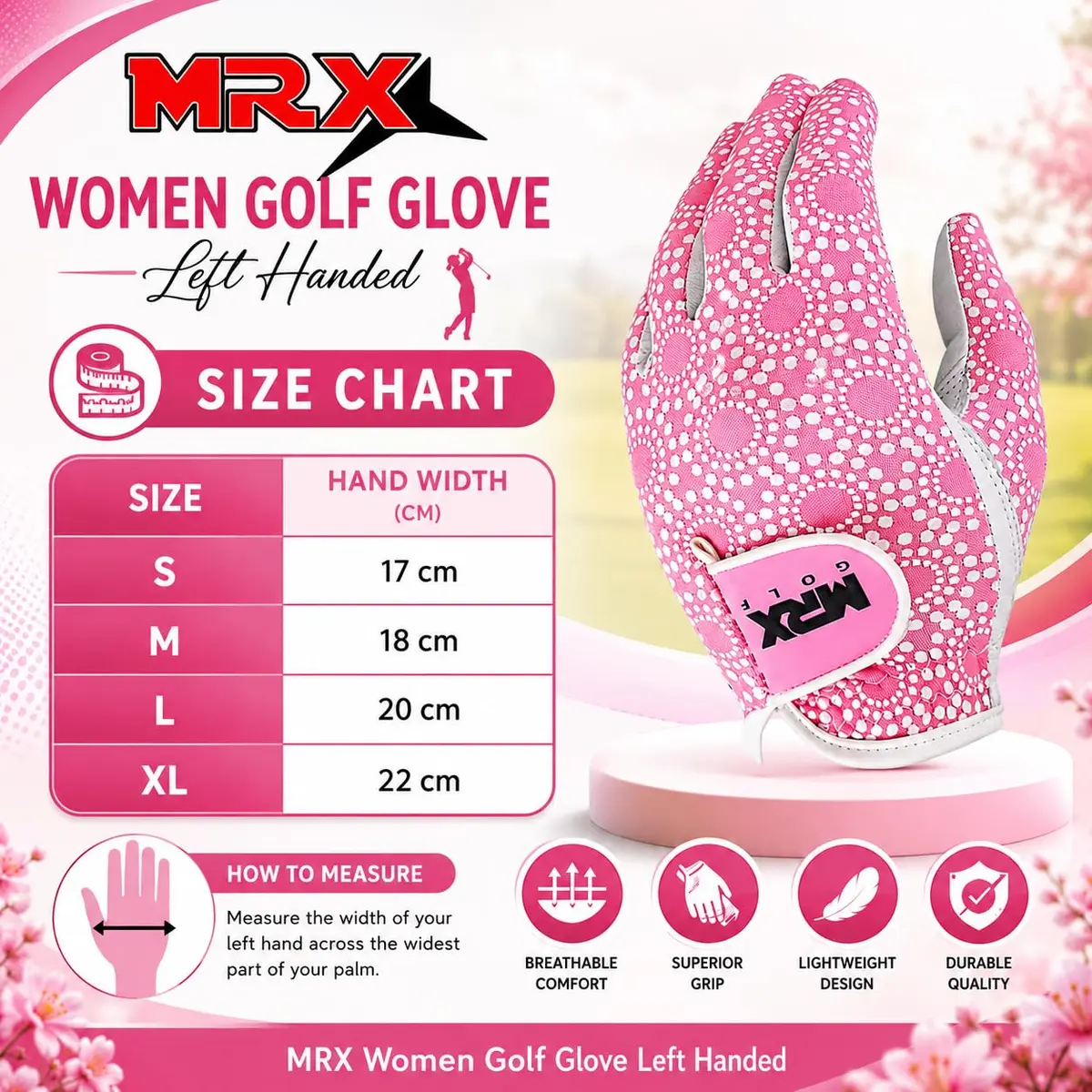 MRX BOXING & FITNESS Women's Golf Glove Left Handed Pink Regular Fit | Sweat Resistant Cabretta Leather - view 2