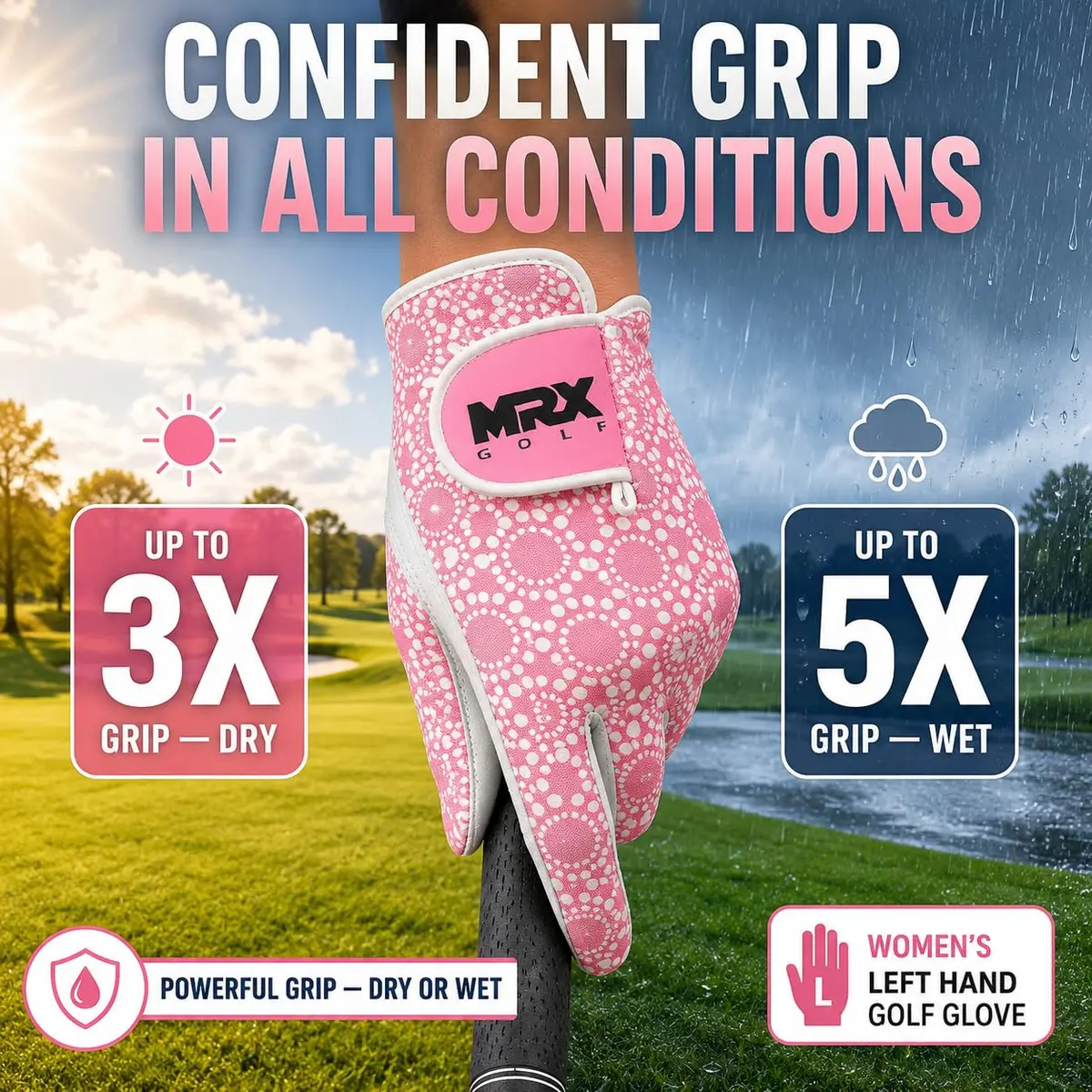 MRX BOXING & FITNESS Women's Golf Glove Left Handed Pink Regular Fit | Sweat Resistant Cabretta Leather - view 3