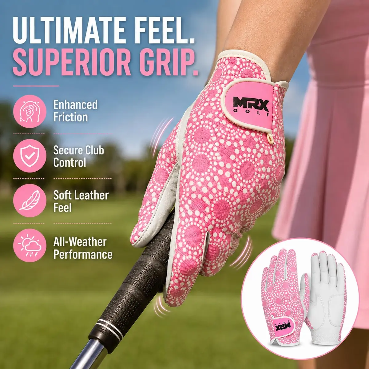 MRX BOXING & FITNESS Women's Golf Glove Left Handed Pink Regular Fit | Sweat Resistant Cabretta Leather - view 4