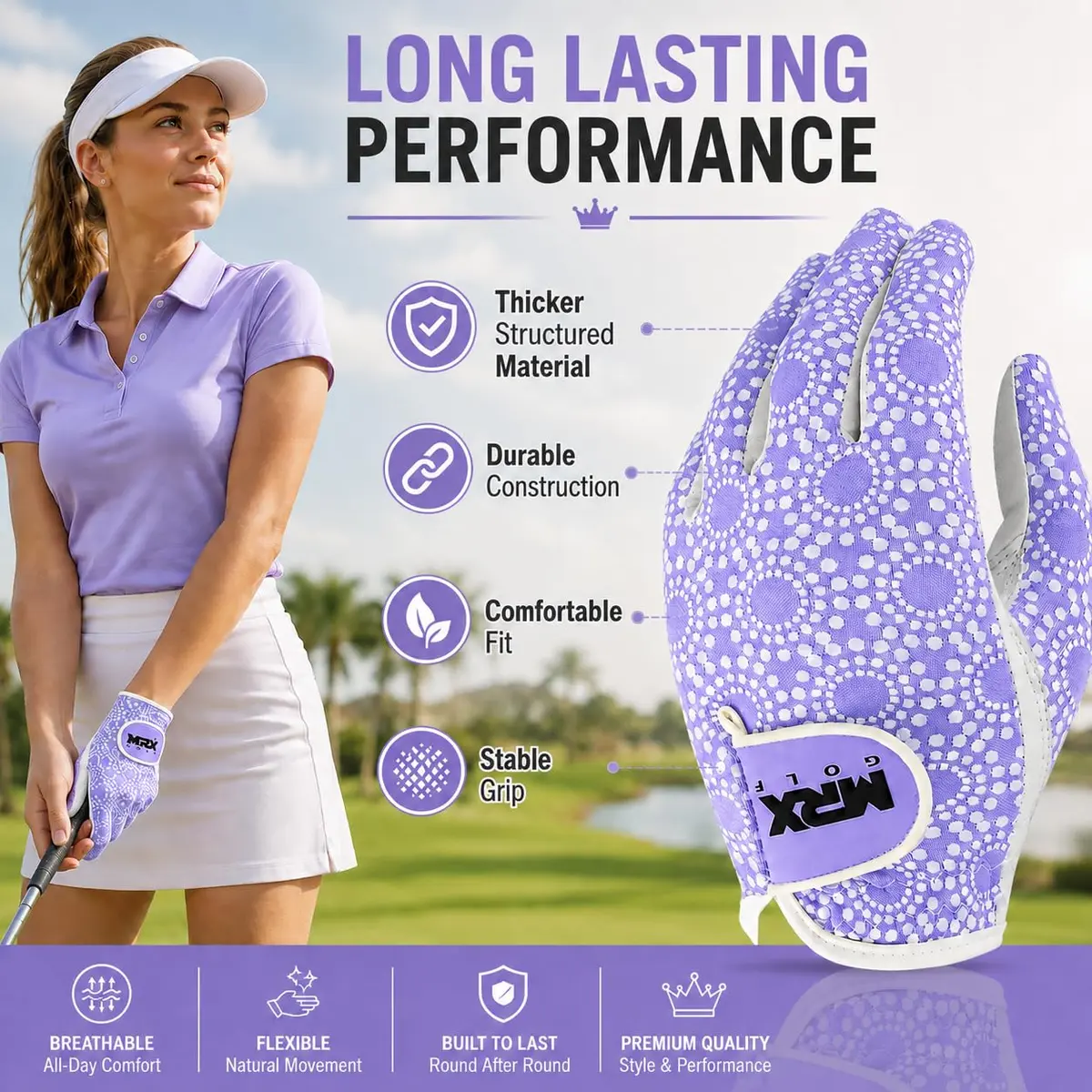 MRX BOXING & FITNESS Women's Golf Glove Left Handed Purple Regular Fit | Sweat Resistant Cabretta Leather - view 5