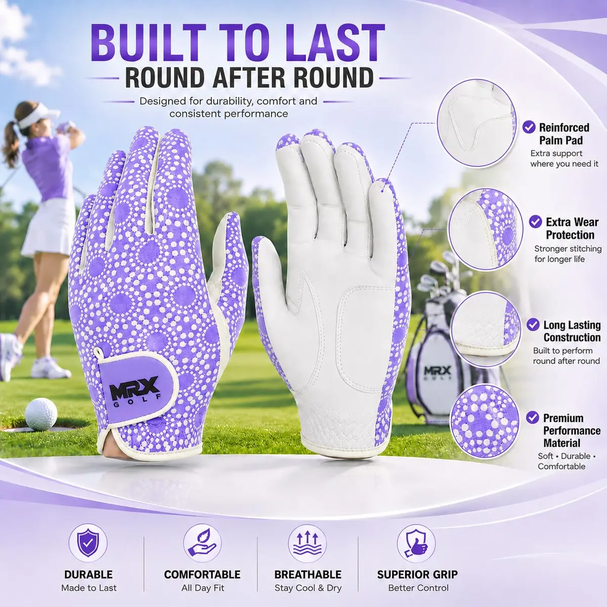 MRX BOXING & FITNESS Women's Golf Glove Left Handed Purple Regular Fit | Sweat Resistant Cabretta Leather - view 8