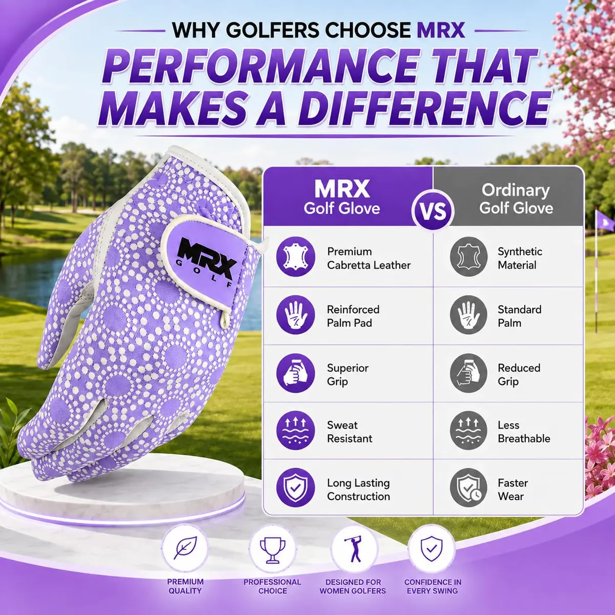 MRX BOXING & FITNESS Women's Golf Glove Left Handed Purple Regular Fit | Sweat Resistant Cabretta Leather - view 9