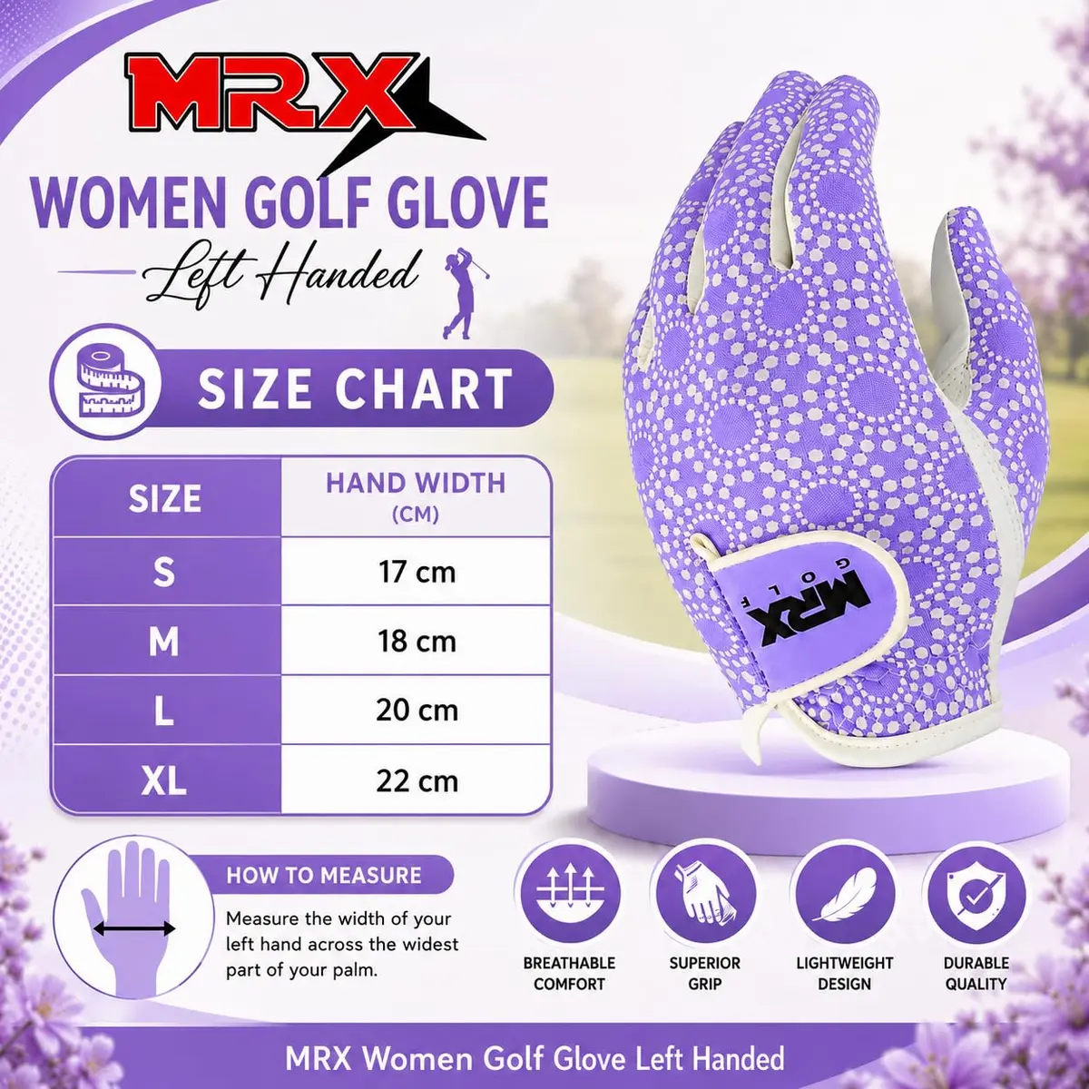 MRX BOXING & FITNESS Women's Golf Glove Left Handed Purple Regular Fit | Sweat Resistant Cabretta Leather - view 2
