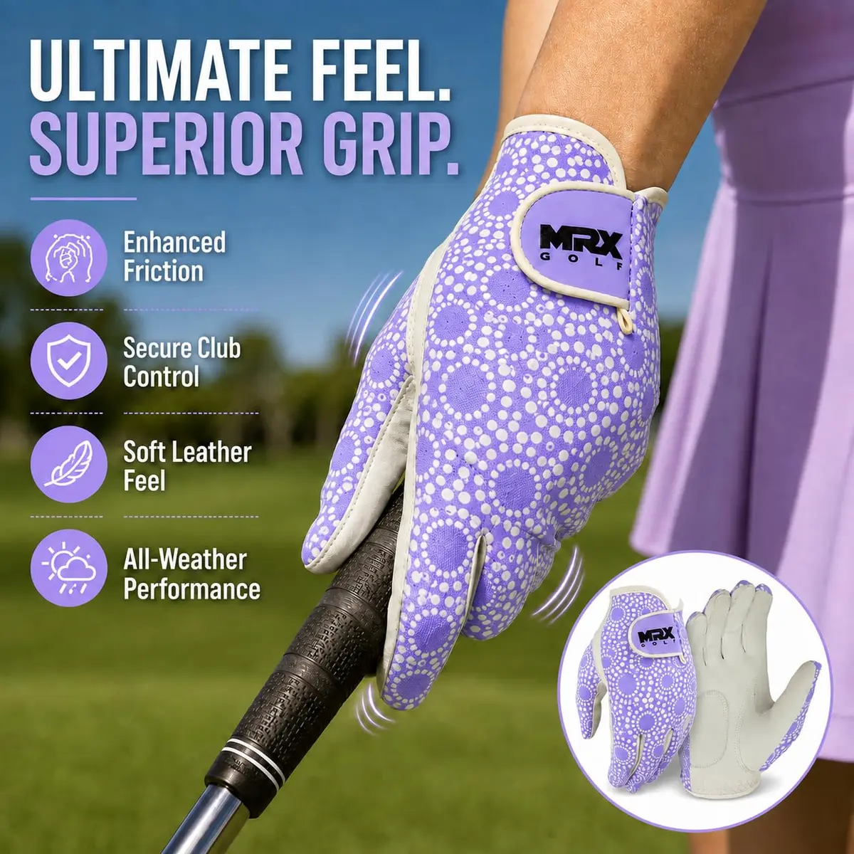 MRX BOXING & FITNESS Women's Golf Glove Left Handed Purple Regular Fit | Sweat Resistant Cabretta Leather - view 3