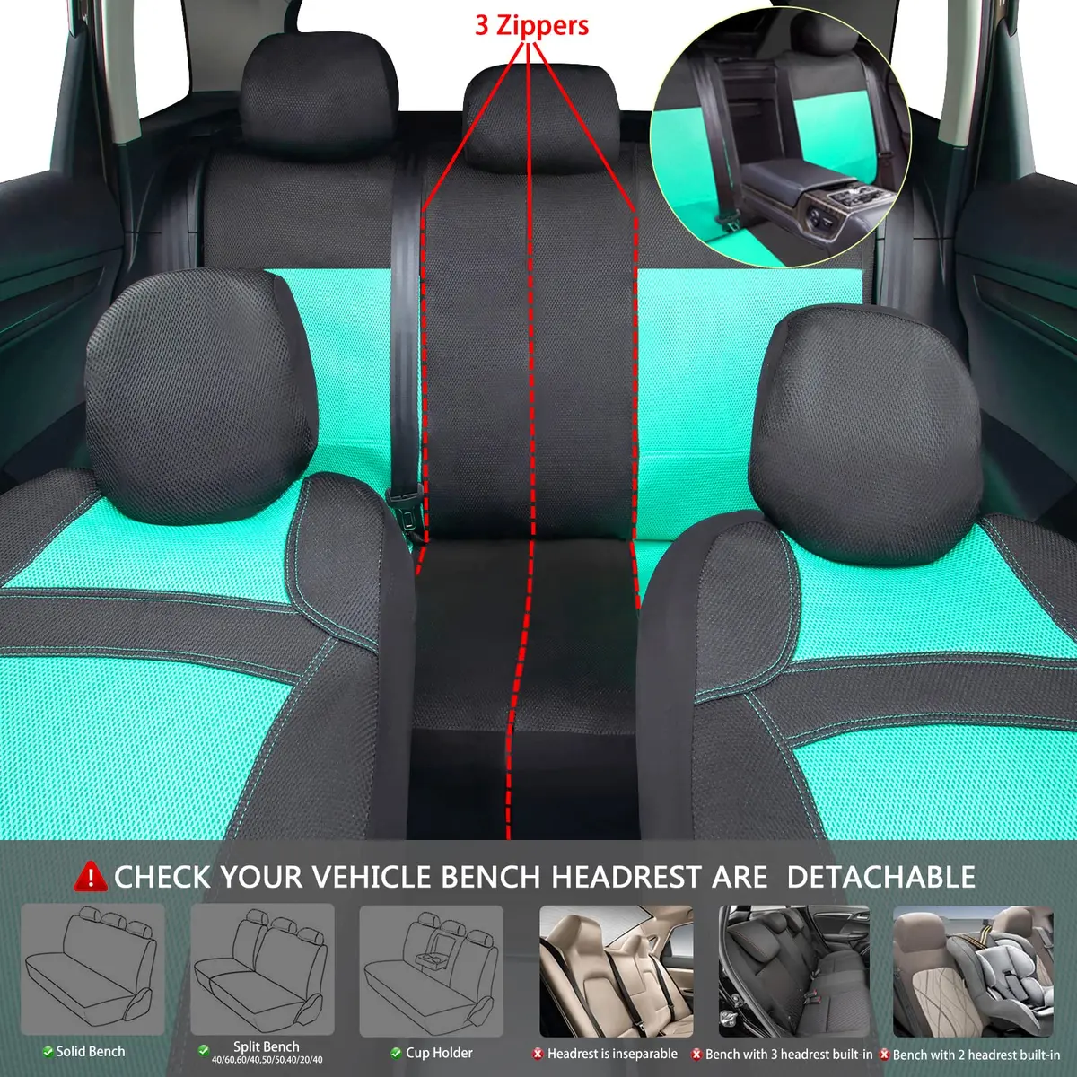 CAR PASS 3D Air Mesh Seat Covers Full Set | Breathable, Airbag Compatible, Universal Fit (Full set, Black Mint) - view 4