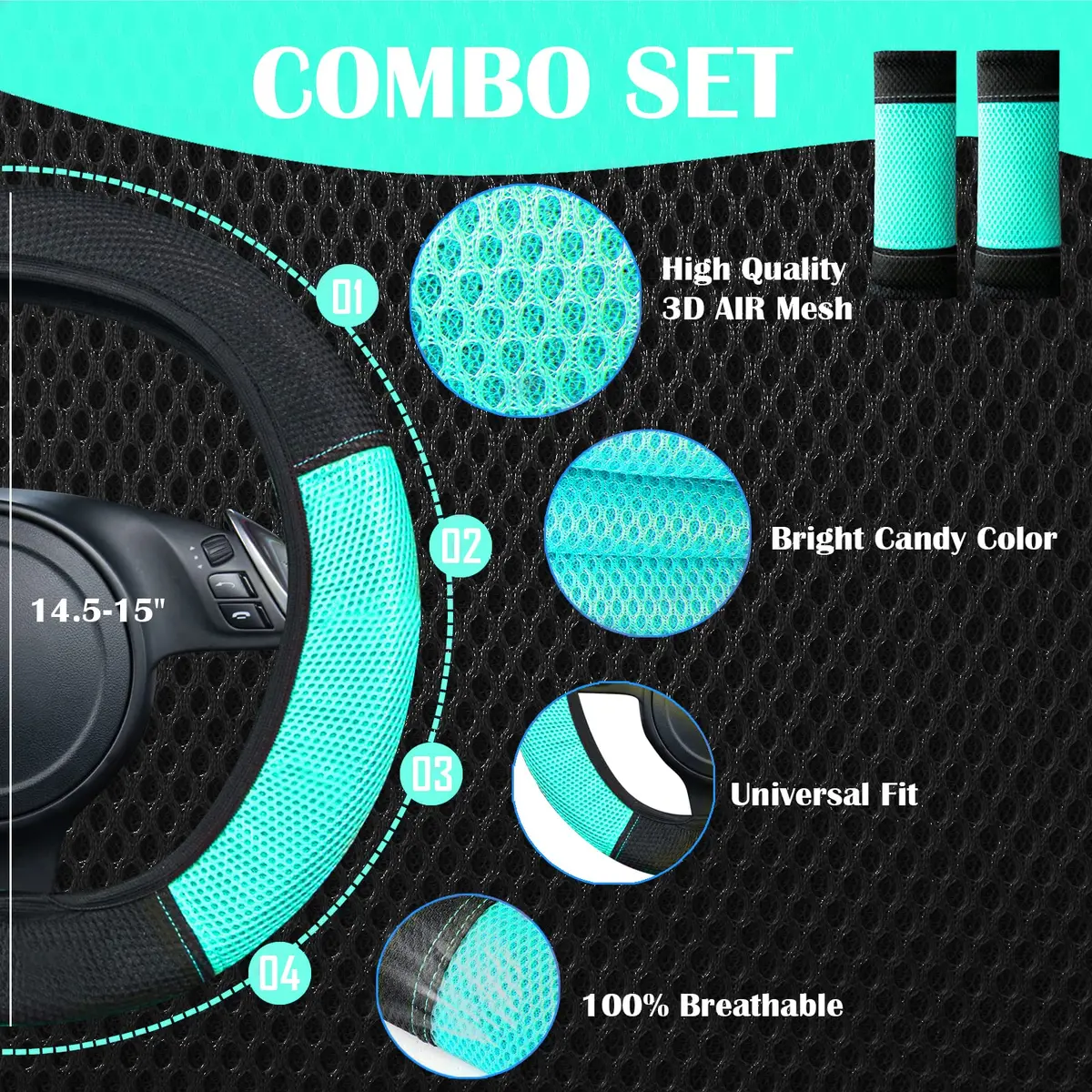 CAR PASS 3D Air Mesh Seat Covers Full Set | Breathable, Airbag Compatible, Universal Fit (Full set, Black Mint) - view 5