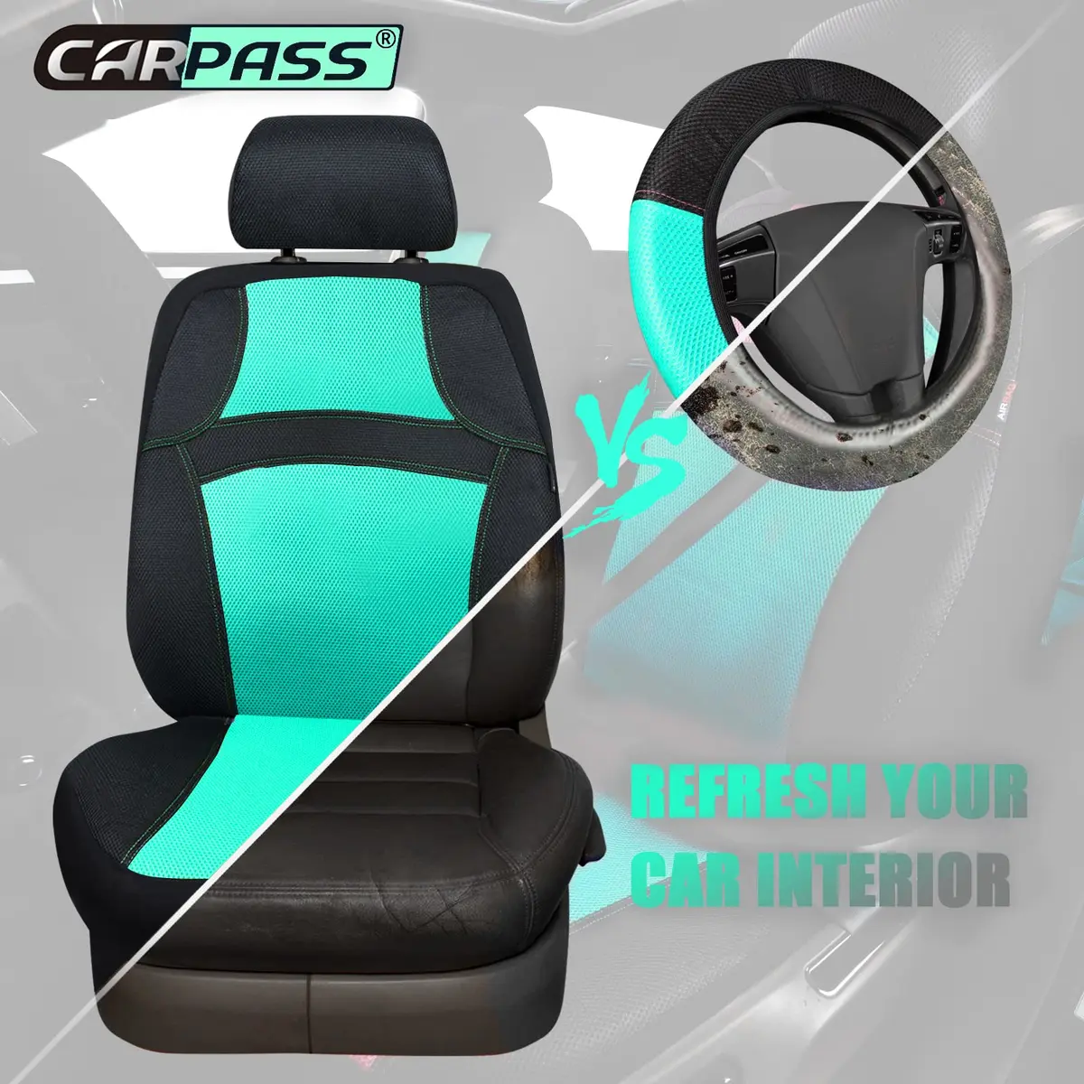 CAR PASS 3D Air Mesh Seat Covers Full Set | Breathable, Airbag Compatible, Universal Fit (Full set, Black Mint) - view 6