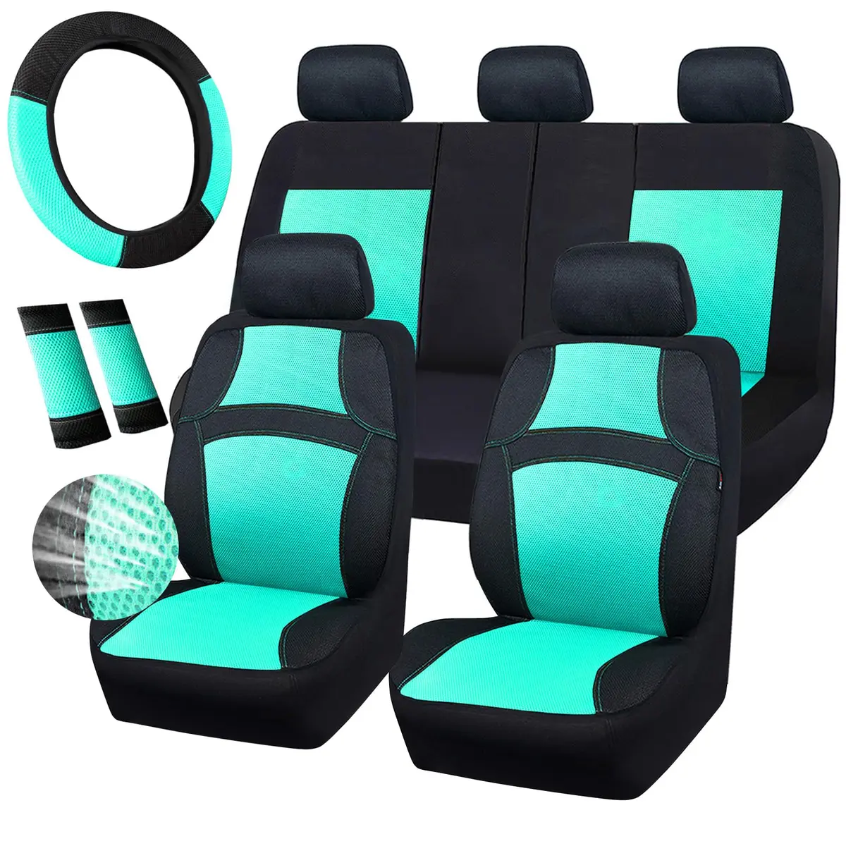CAR PASS 3D Air Mesh Seat Covers Full Set | Breathable, Airbag Compatible, Universal Fit (Full set, Black Mint) - main product image