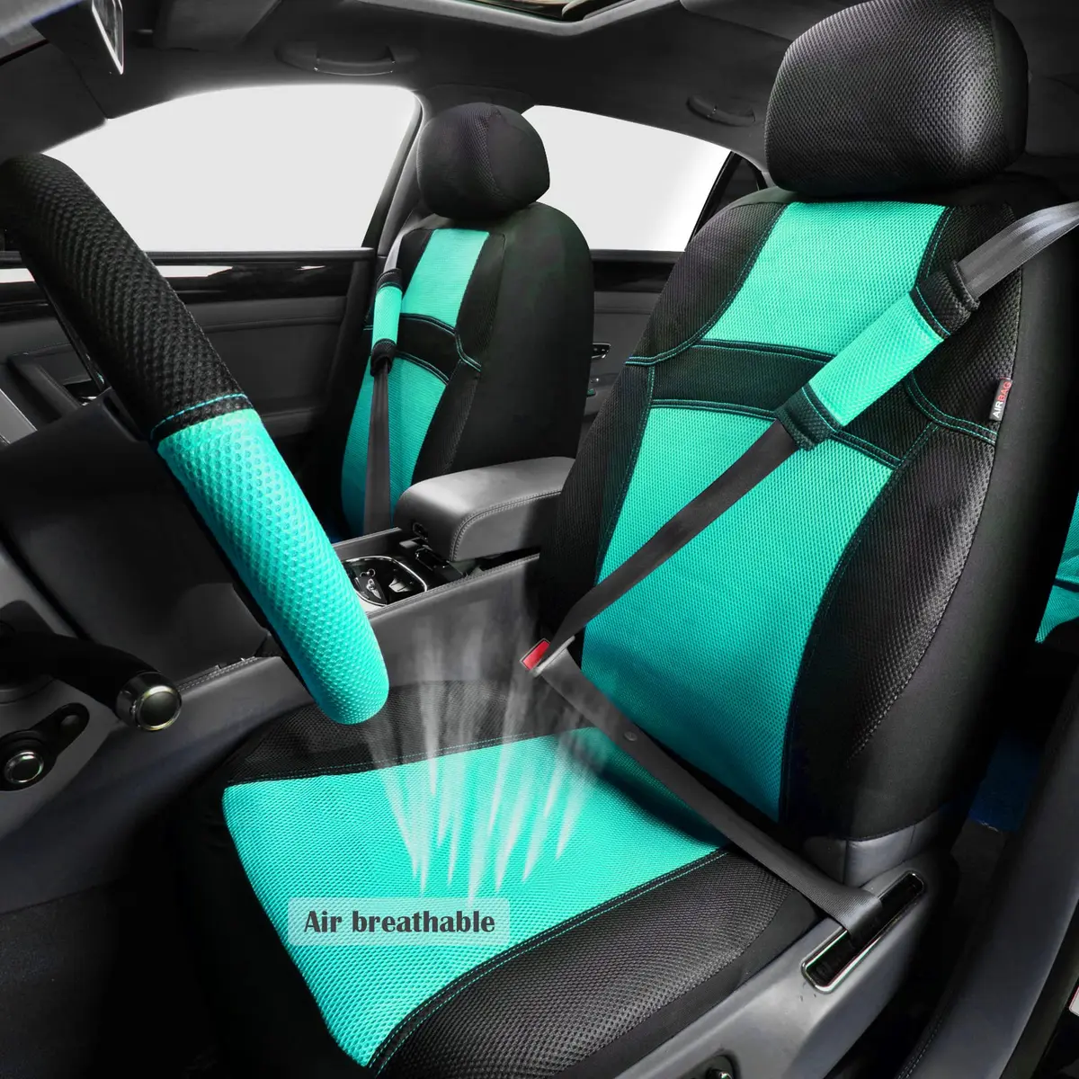 CAR PASS 3D Air Mesh Seat Covers Full Set | Breathable, Airbag Compatible, Universal Fit (Full set, Black Mint) - view 2