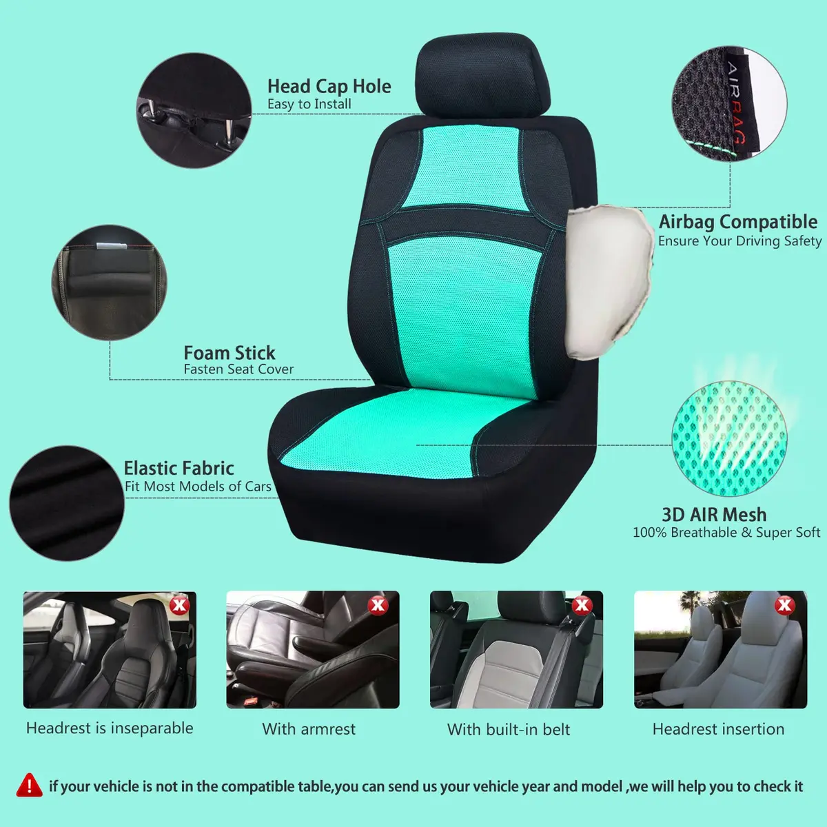 CAR PASS 3D Air Mesh Seat Covers Full Set | Breathable, Airbag Compatible, Universal Fit (Full set, Black Mint) - view 3