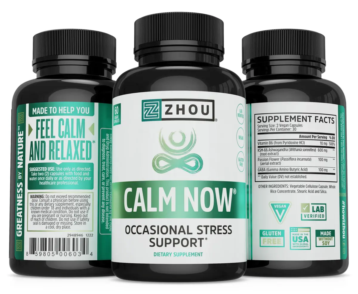 Zhou Calm Now Calm Supplement 60 Veggie Capsules | Adaptogen & B-Vitamin Blend for Stress Relief - view 4