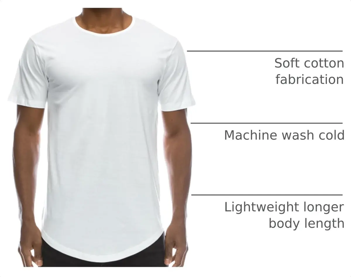 JC DISTRO Mens Hipster Hip Hop Cotton eLong Round Scallop Hemline Tshirt White Medium | Modern Casual Fit - view 4