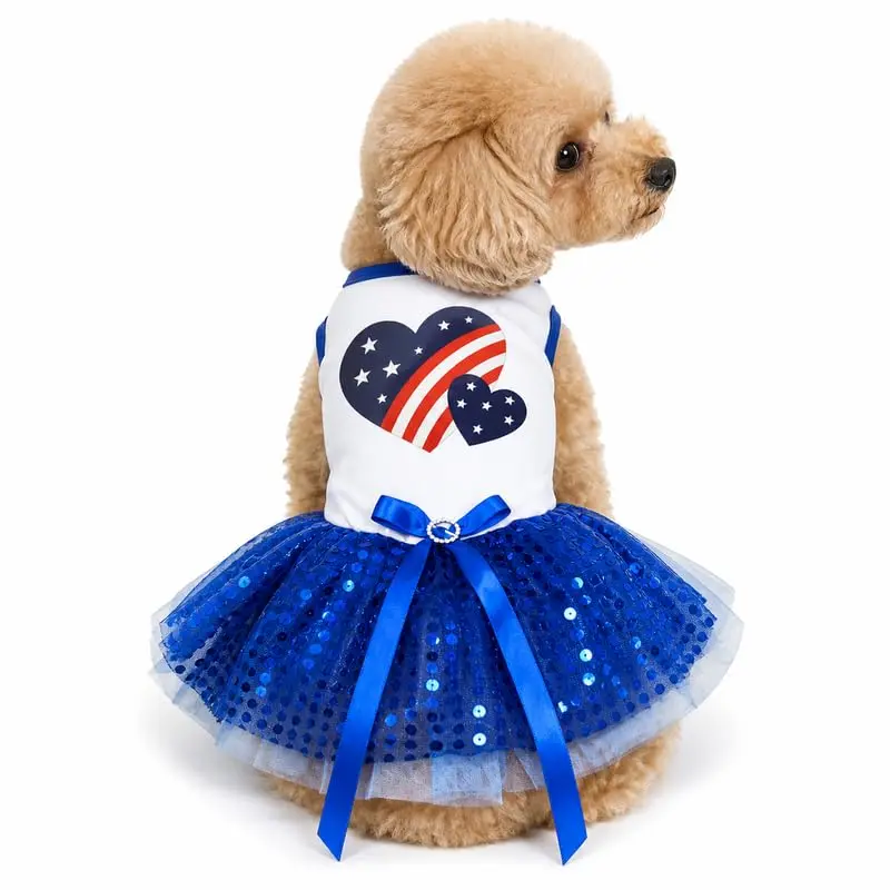 Petitebella USA Twins Heart Puppy Dog Dress (White/Blue Sequins) | Patriotic Pet Apparel for Small Dogs - view 2