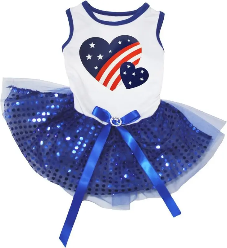 Petitebella USA Twins Heart Puppy Dog Dress (White/Blue Sequins) | Patriotic Pet Apparel for Small Dogs - view 3