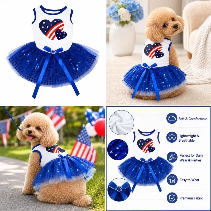 Petitebella USA Twins Heart Puppy Dog Dress (White/Blue Sequins) | Patriotic Pet Apparel for Small Dogs - view 8