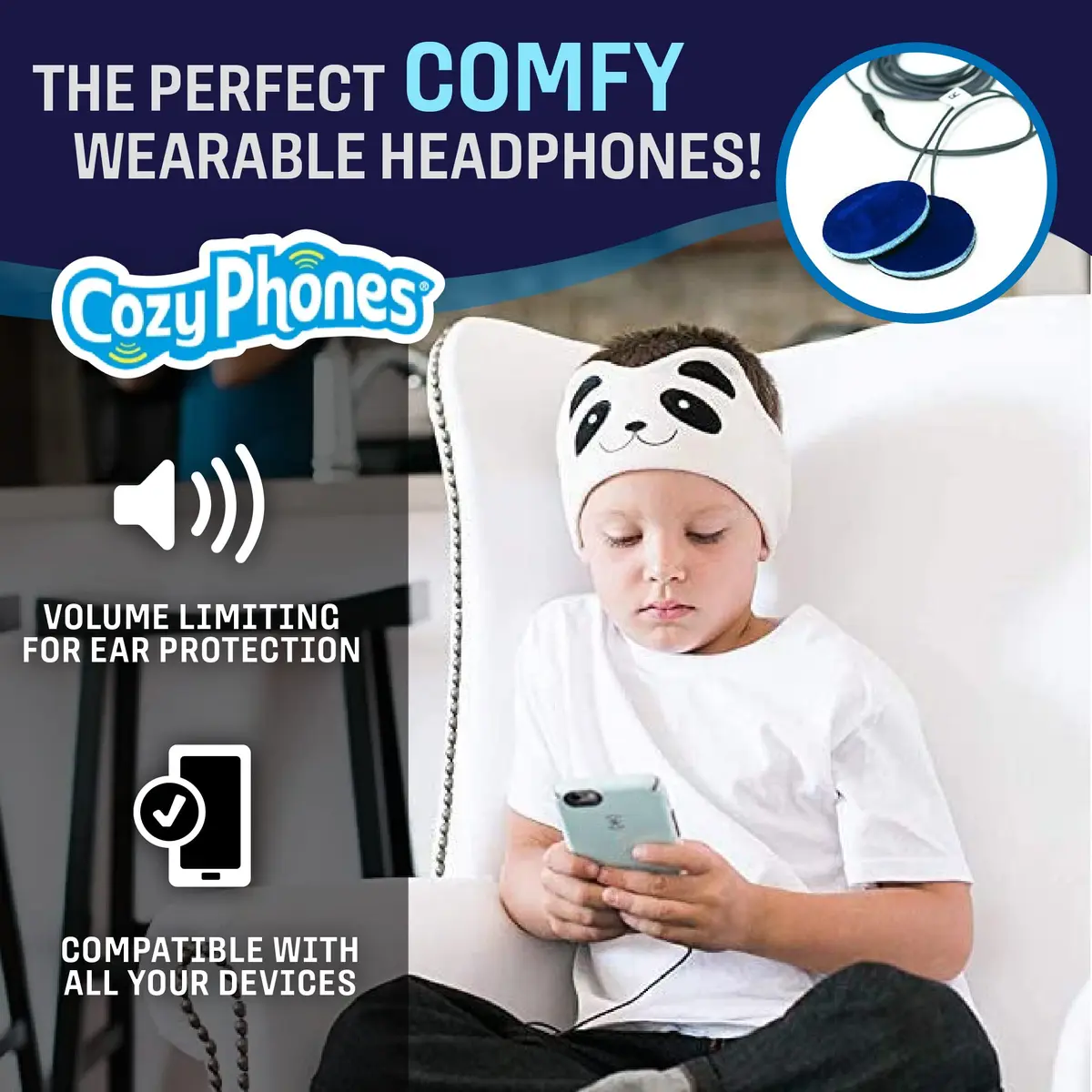 CozyPhones Kids Over The Ear Headphones - Volume Limited, Soft Fleece Headband, Panda - view 2