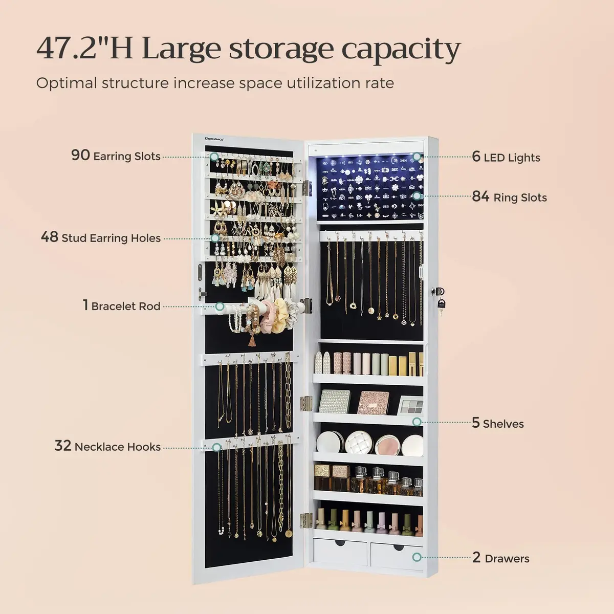 SONGMICS Jewelry Storage Cabinet with Mirror, 47.2" Tall, Wall or Door Mount, White | Large Capacity with LED Lights - view 5