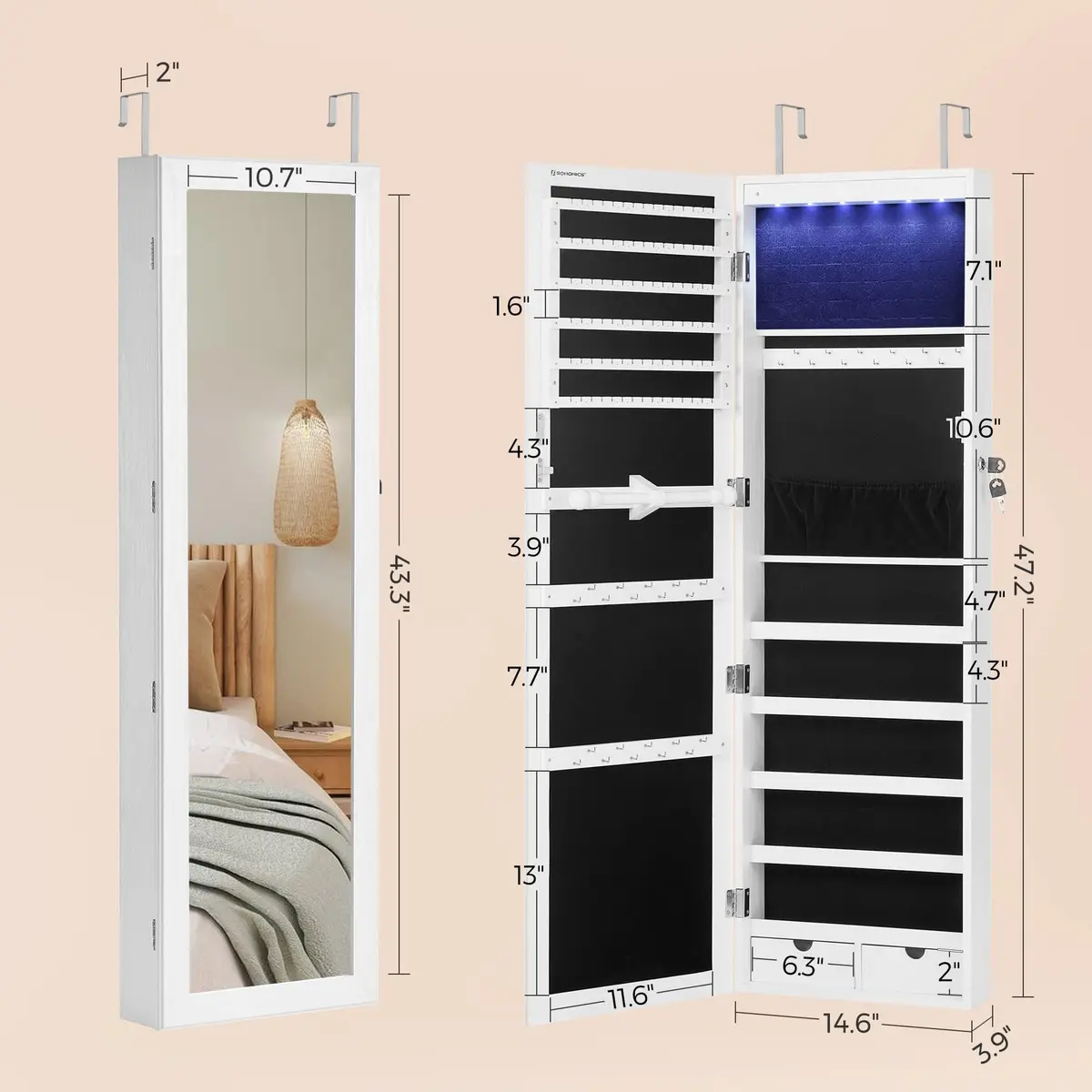 SONGMICS Jewelry Storage Cabinet with Mirror, 47.2" Tall, Wall or Door Mount, White | Large Capacity with LED Lights - view 6