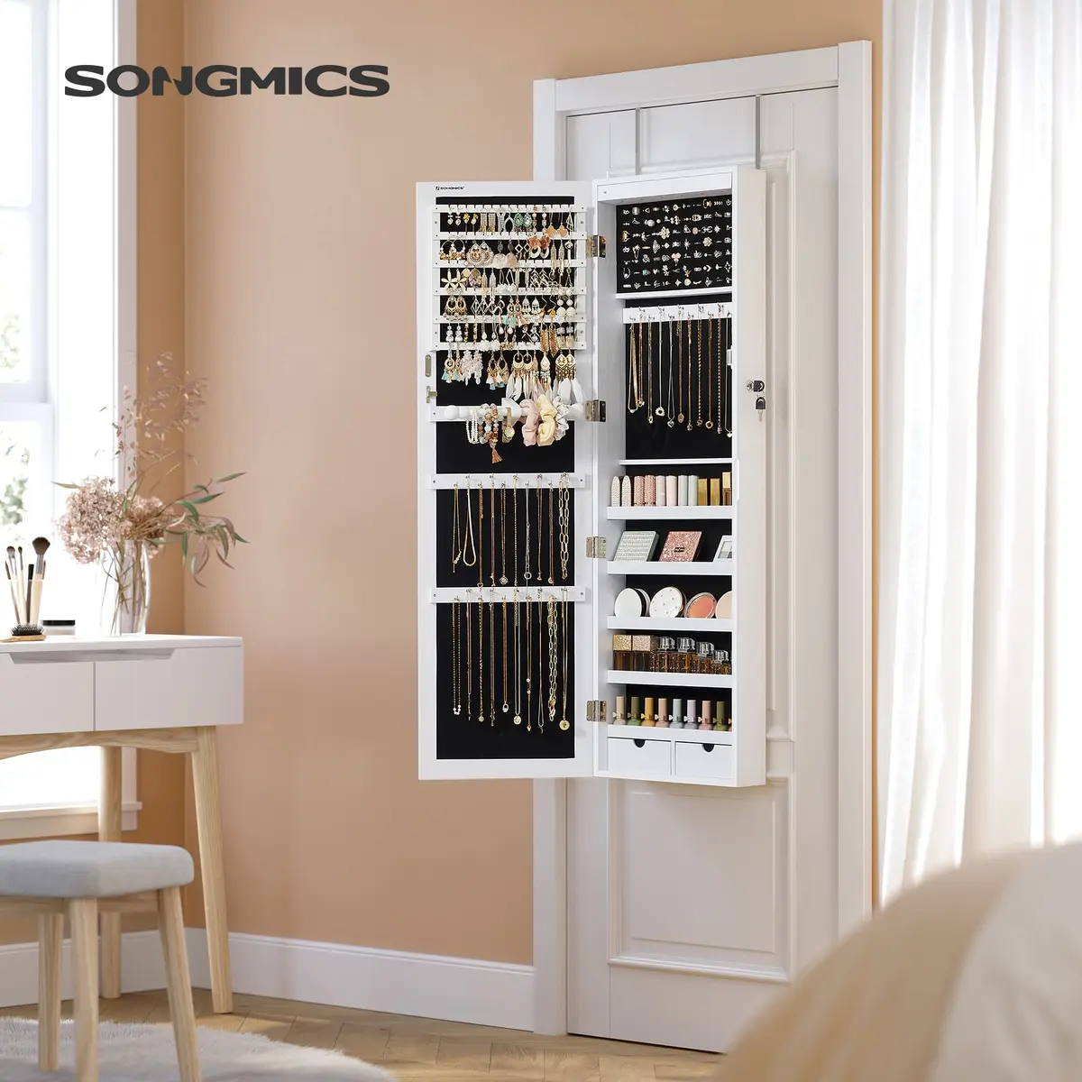 SONGMICS Jewelry Storage Cabinet with Mirror, 47.2" Tall, Wall or Door Mount, White | Large Capacity with LED Lights - view 2