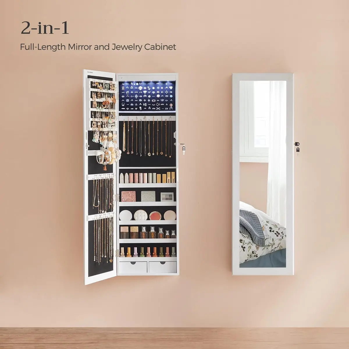 SONGMICS Jewelry Storage Cabinet with Mirror, 47.2" Tall, Wall or Door Mount, White | Large Capacity with LED Lights - view 3