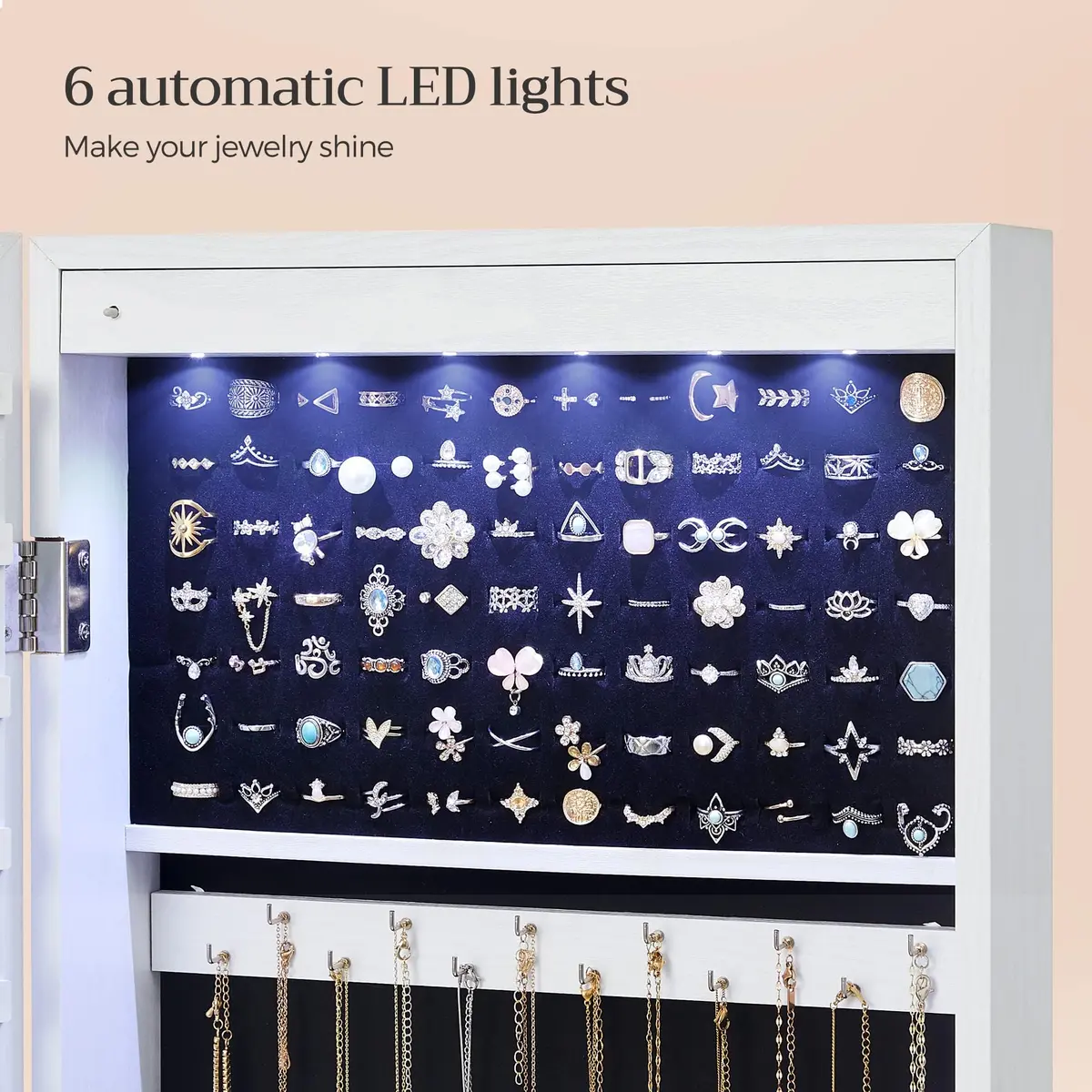 SONGMICS Jewelry Storage Cabinet with Mirror, 47.2" Tall, Wall or Door Mount, White | Large Capacity with LED Lights - view 4