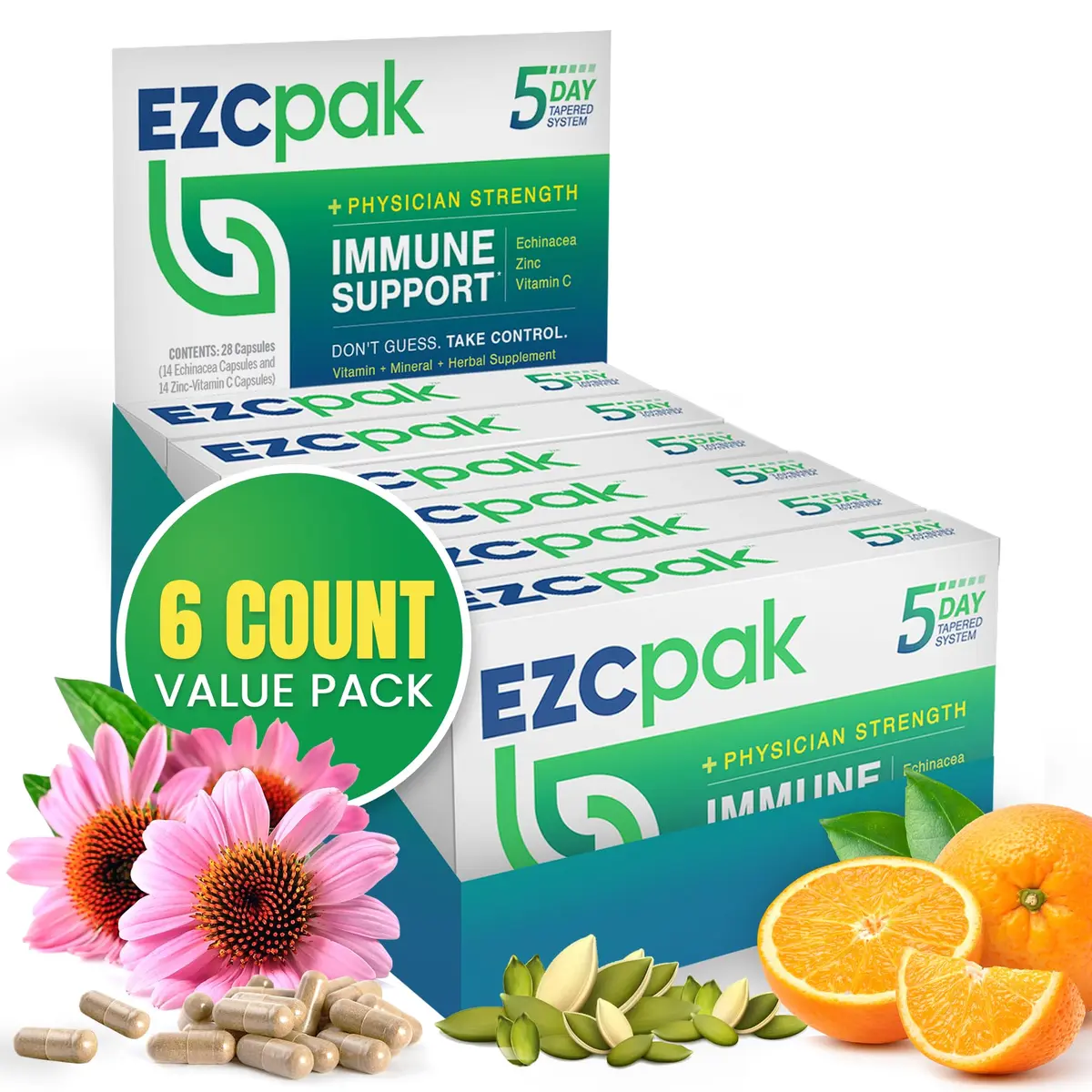 EZC Pak 5-Day Tapered Immune Support Booster, Pack of 6 | Physician Formulated, Organic Echinacea & Zinc - main product image